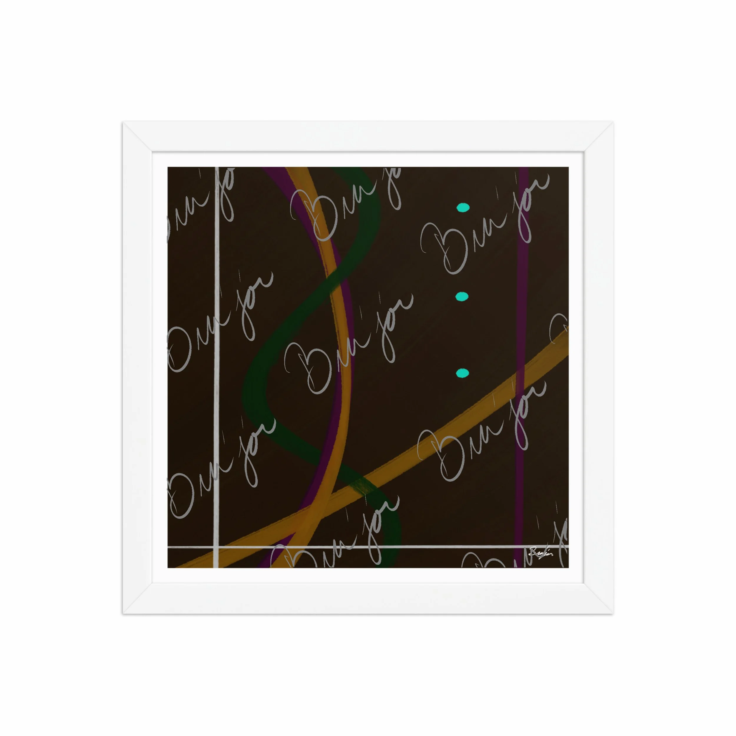 12x12 White Framed Abstract artwork titled Button Up designed by the digital abstract artist Bra'jor. Artwork includes the colors Orange, Purple, Green, White, and Brown