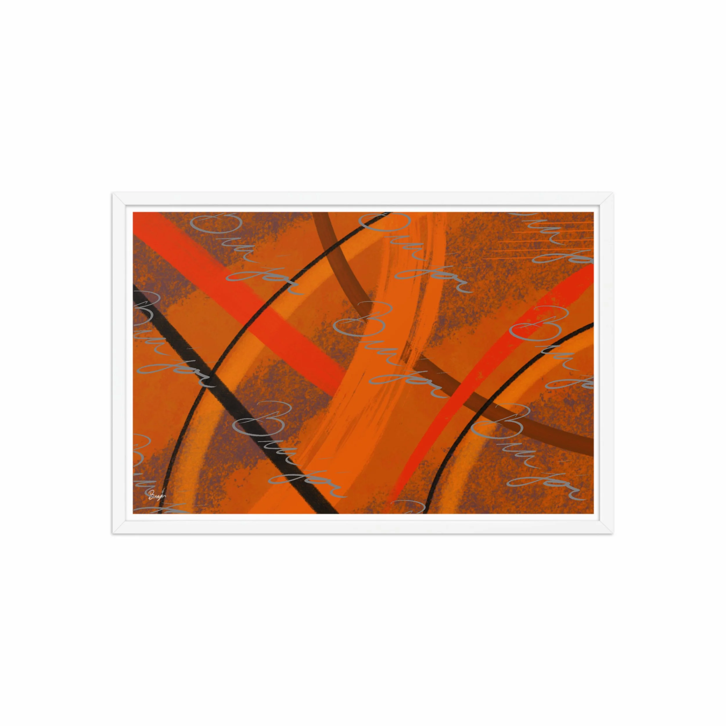 20x30 White Framed Abstract artwork titled Challenges designed by the digital abstract artist Bra'jor. Artwork includes the colors Orange, Brown, Blue, and Black