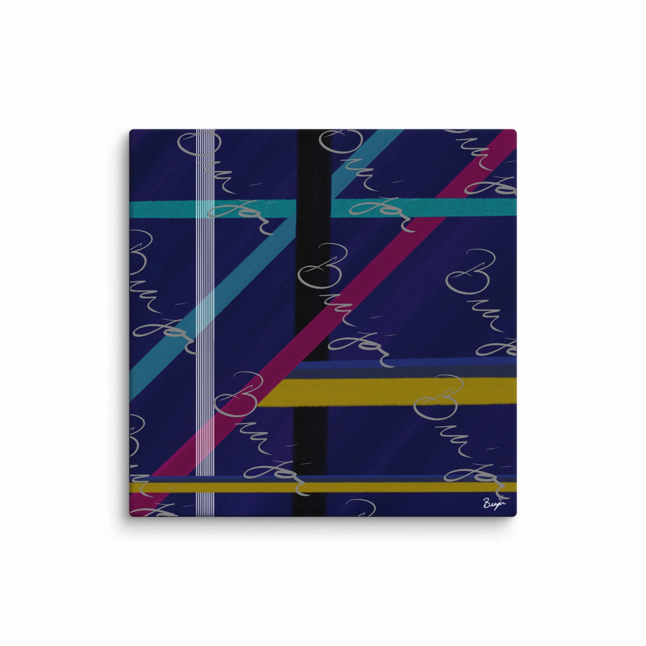 37x37 XL Canvas Abstract artwork titled Destinations designed by the digital abstract artist Bra'jor. Artwork includes the colors Black, Blue, Yellow, Pink, and White