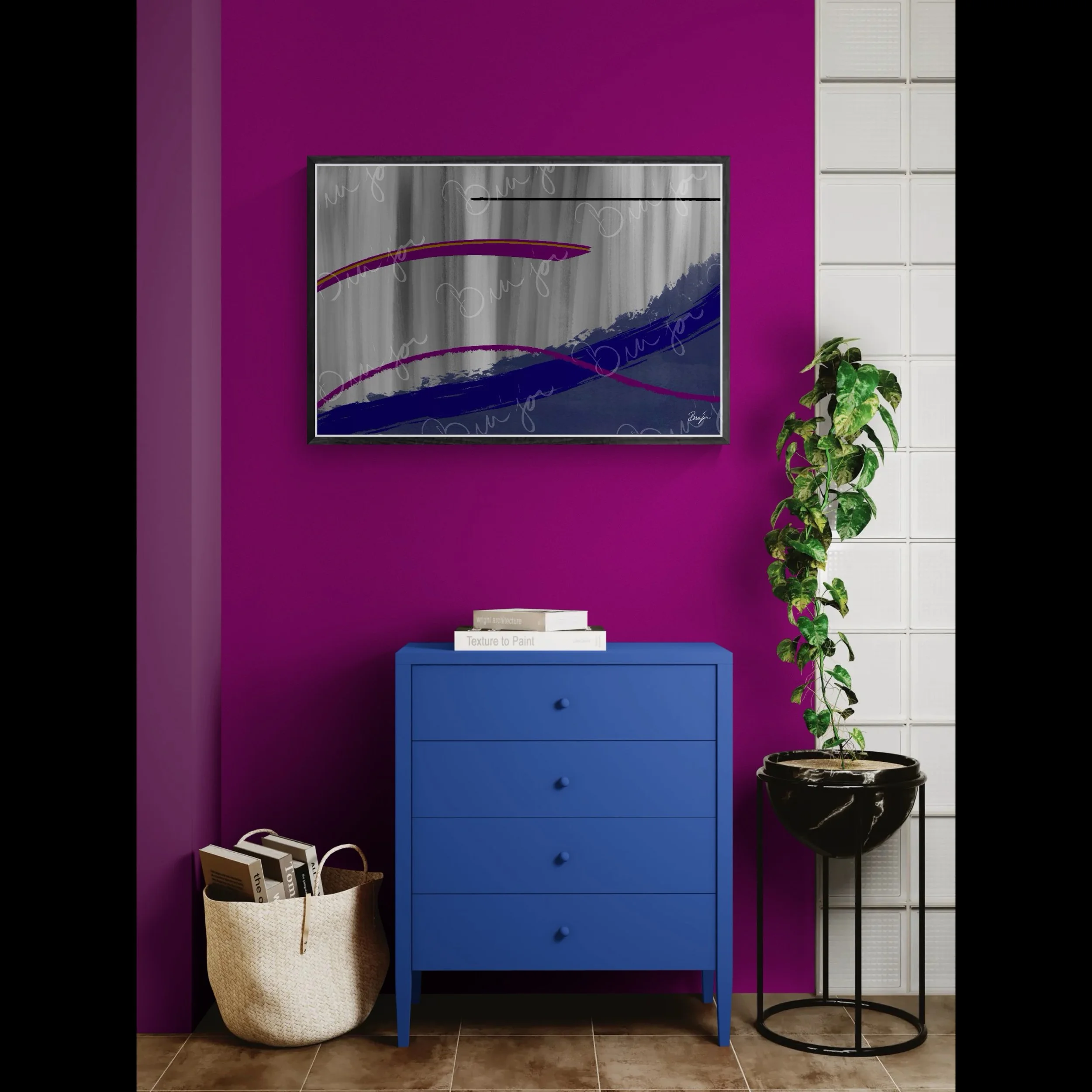 Framed Abstract artwork titled Reworking designed by the digital abstract artist Bra'jor. Artwork includes the colors Purple, Gray, Blue, Mustard Yellow, and Black
