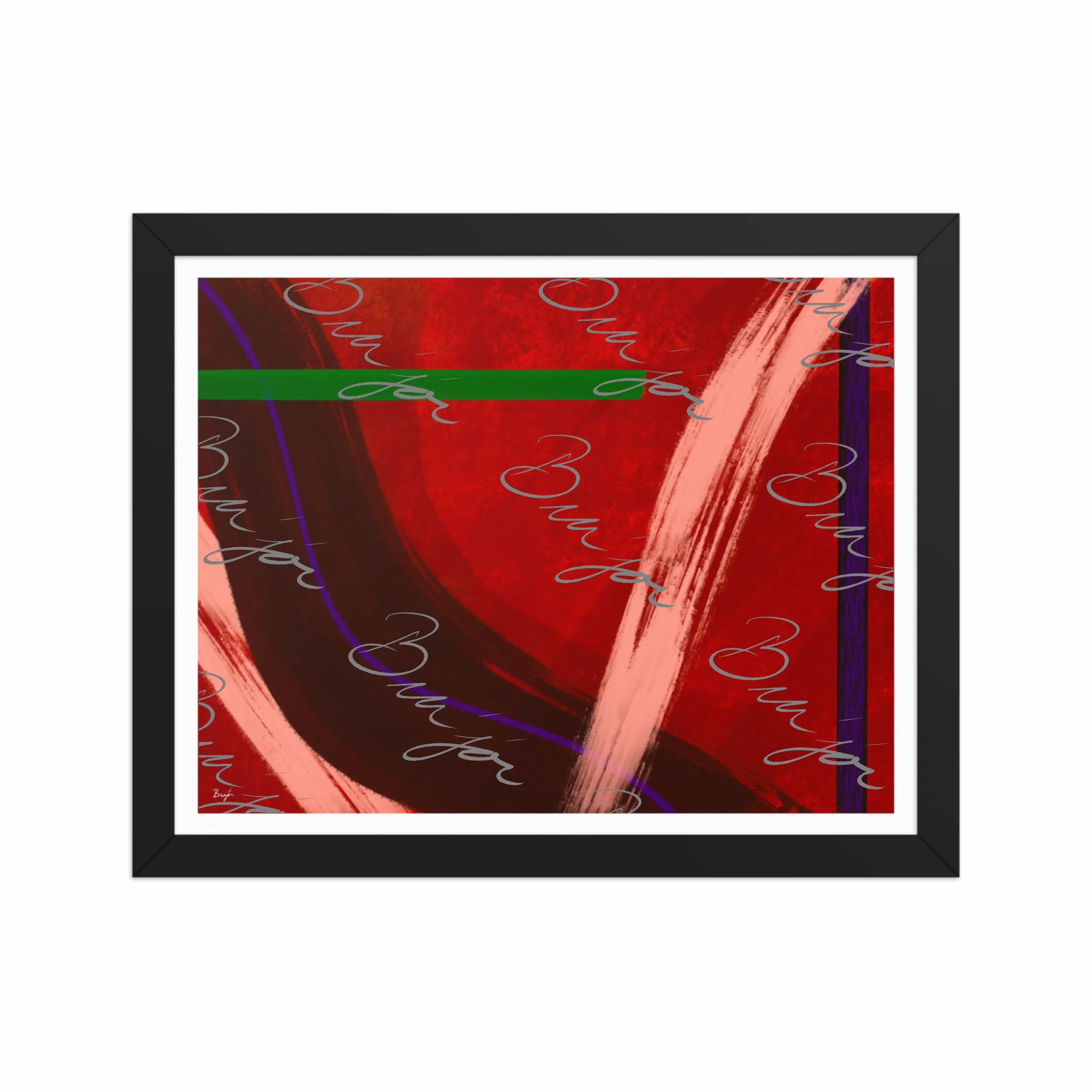 11x14 Black Framed abstract artwork titled Feelings designed by the digital abstract artist Bra'jor. Artwork includes the colors Red, Orange, Purple, and Green