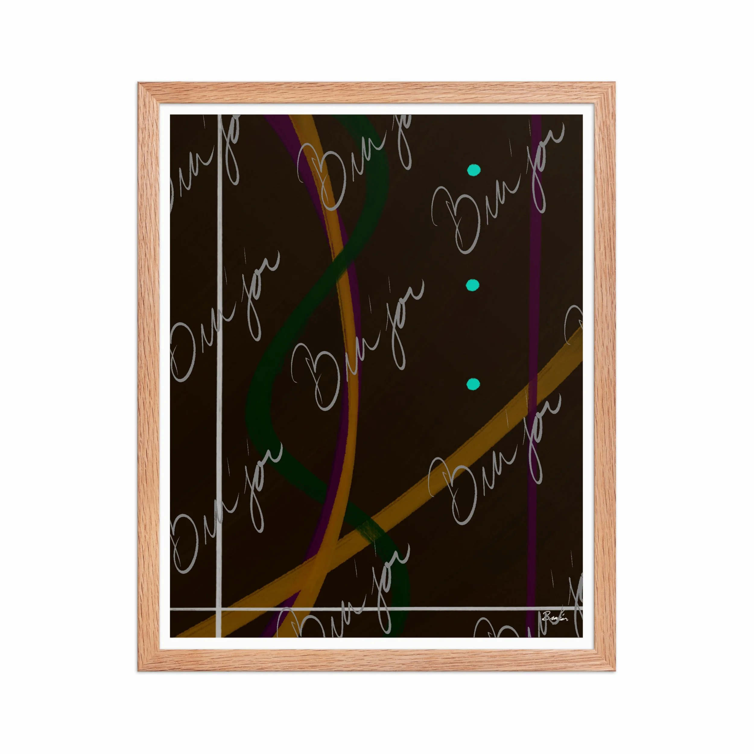 16x20 Red Oak Framed Abstract artwork titled Button Up designed by the digital abstract artist Bra'jor. Artwork includes the colors Orange, Purple, Green, White, and Brown