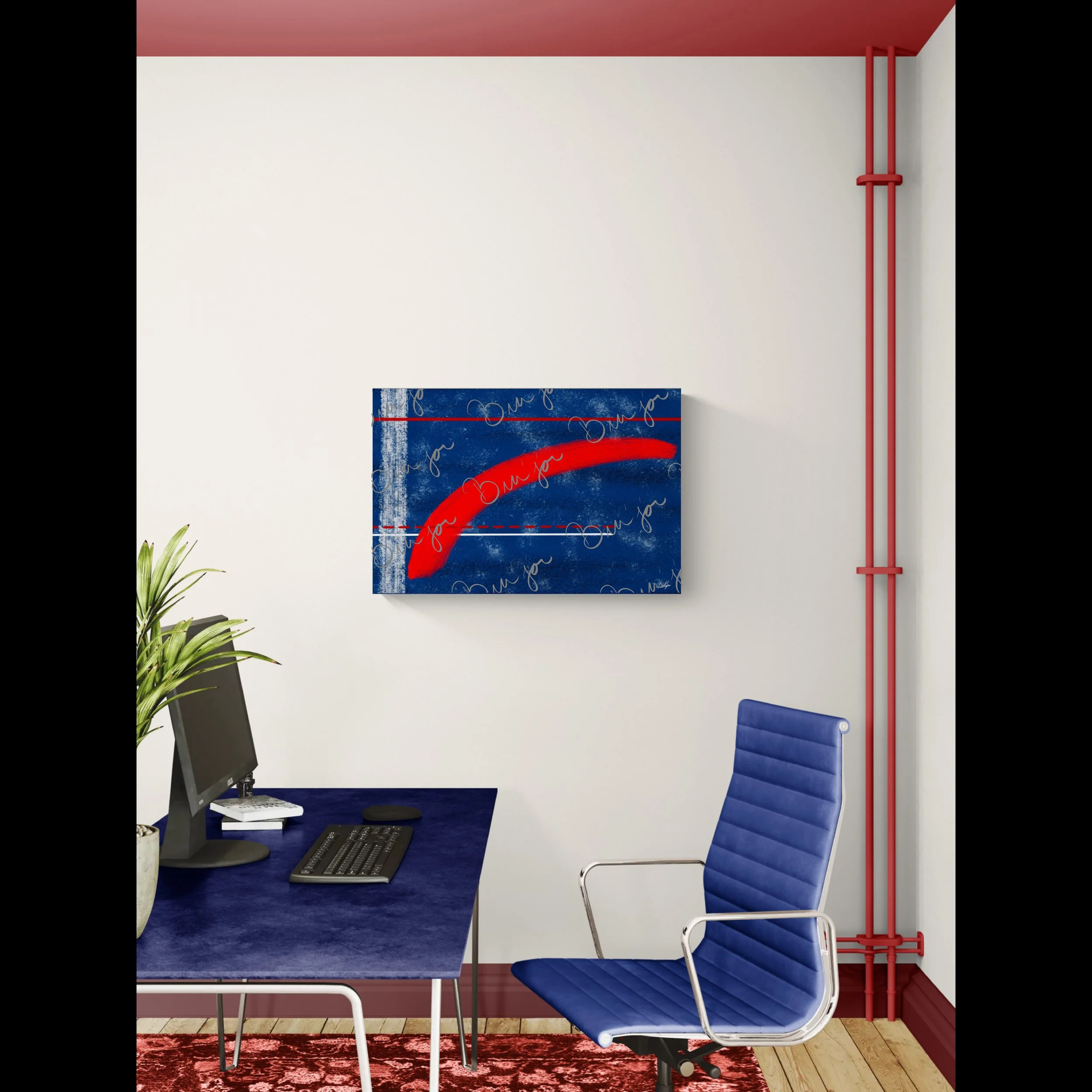 Canvas abstract artwork titled Be Bold designed by the digital abstract artist Bra'jor. Artwork includes the colors Blue, White, and Red