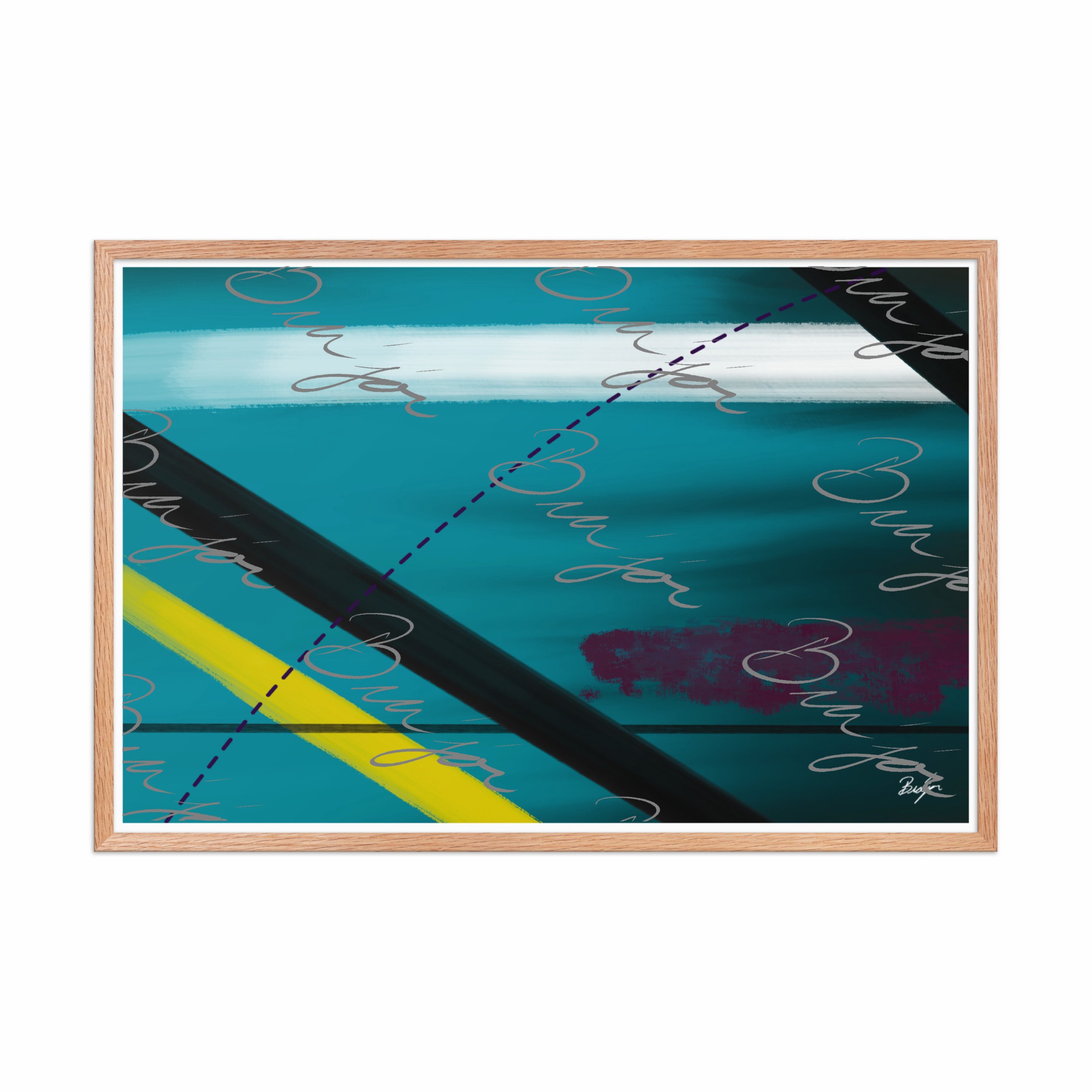24x36 Red Oak Framed Abstract artwork titled First designed by the digital abstract artist Bra'jor. Artwork includes the colors Blue, Yellow, Black, Purple, and White
