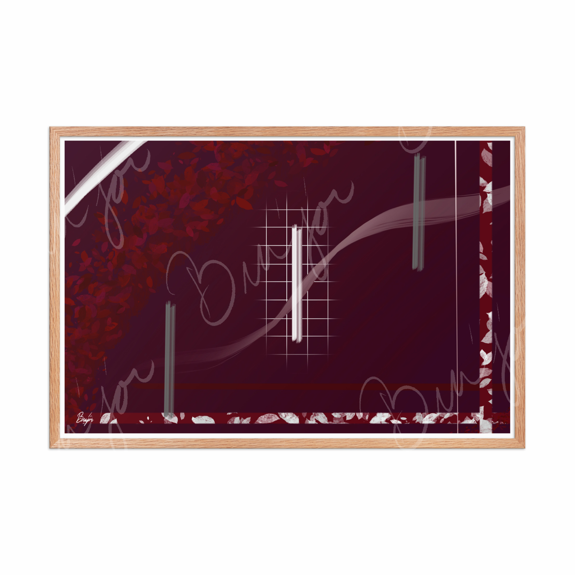 24x36 Red Oak Framed Abstract artwork titled Shine designed by the digital abstract artist Bra'jor. Artwork includes the colors Red, Gray, Maroon, White, and Soft Pink