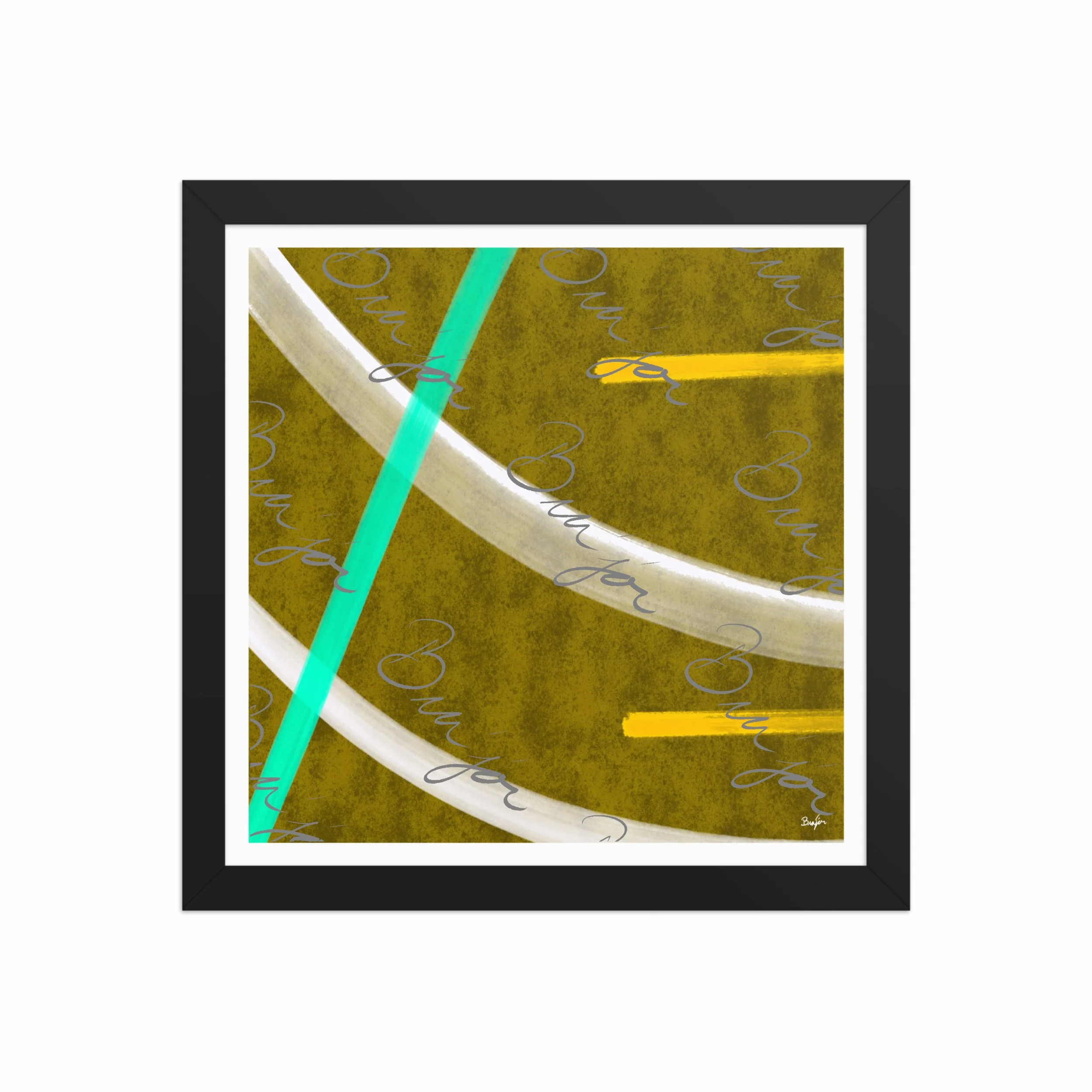 12x12 Black Framed Abstract artwork titled Hushed designed by the digital abstract artist Bra'jor. Artwork includes the colors Orange, Yellow, White, and Blue