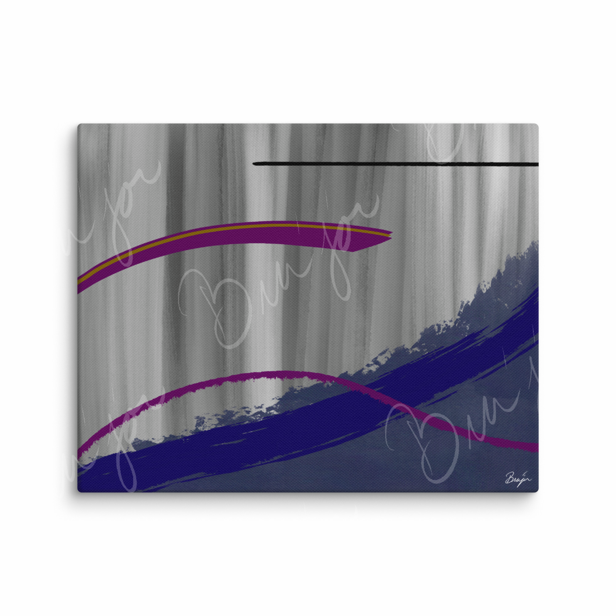 8x10 Canvas Abstract artwork titled Reworking designed by the digital abstract artist Bra'jor. Artwork includes the colors Purple, Gray, Blue, Mustard Yellow, and Black