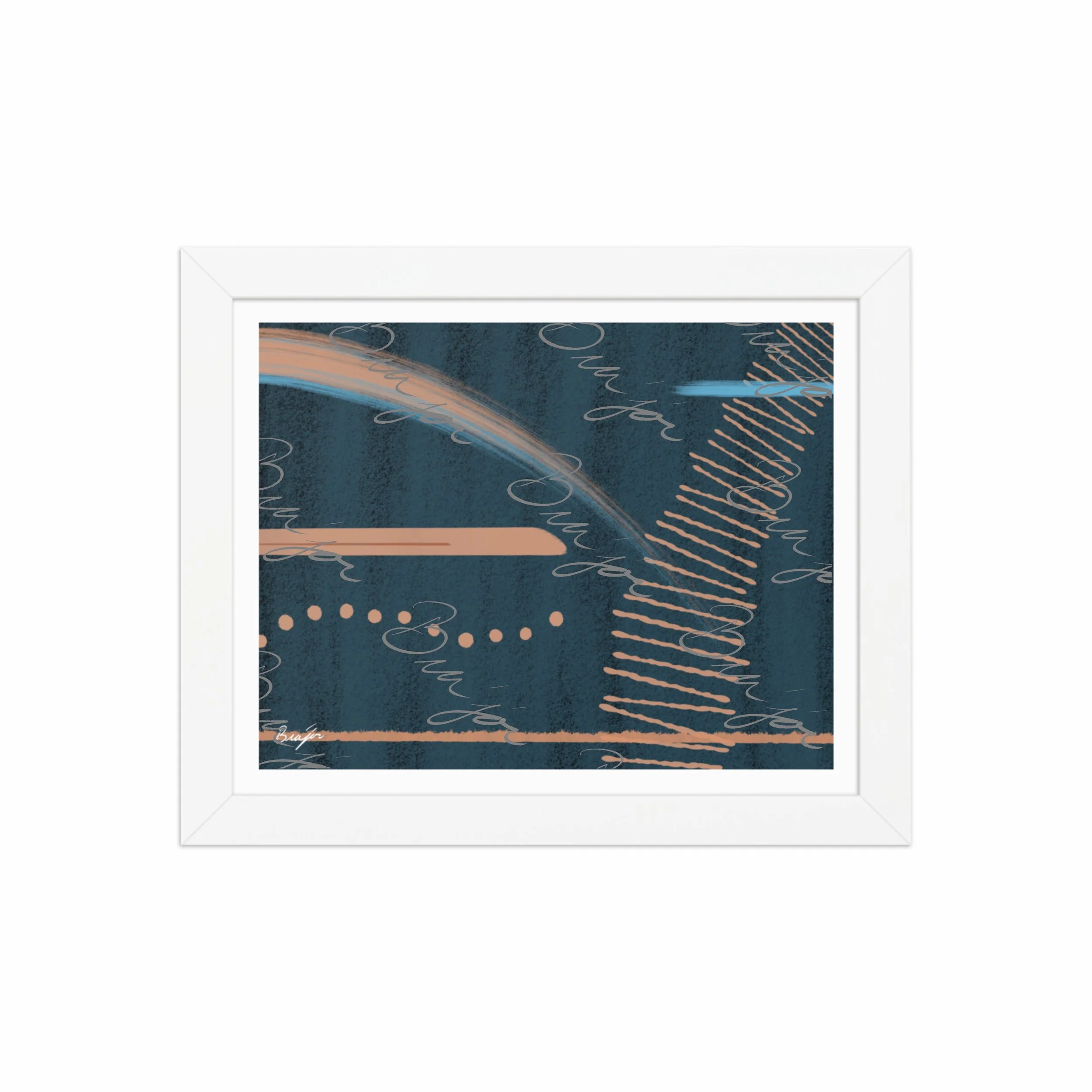 8x10 White Framed abstract artwork titled Effort designed by the digital abstract artist Bra'jor. Artwork includes the colors Black, Blue, Brown, and Tan