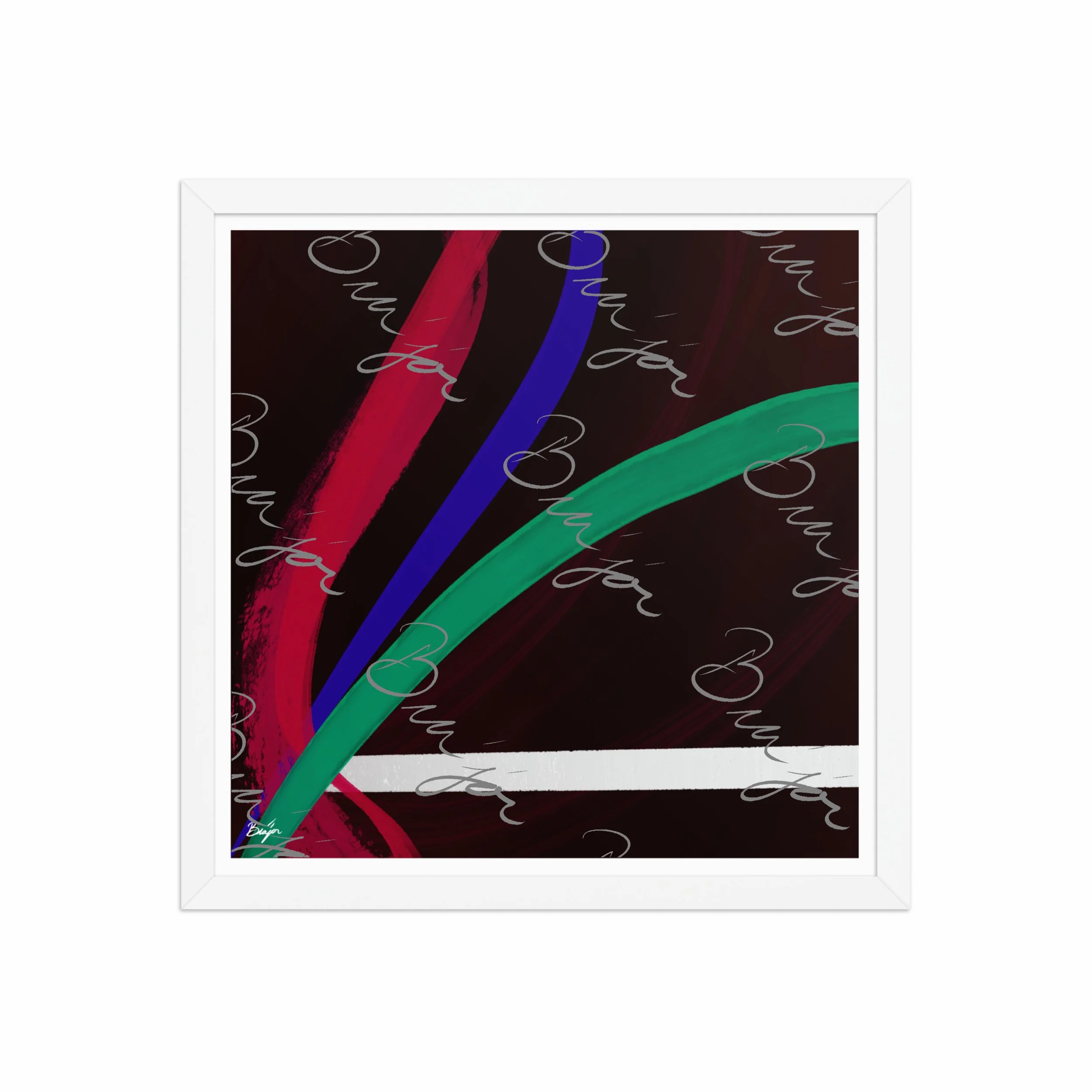 16x16 White Framed Abstract artwork titled Journey designed by the digital abstract artist Bra'jor. Artwork includes the colors Red, White, Green, and Blue