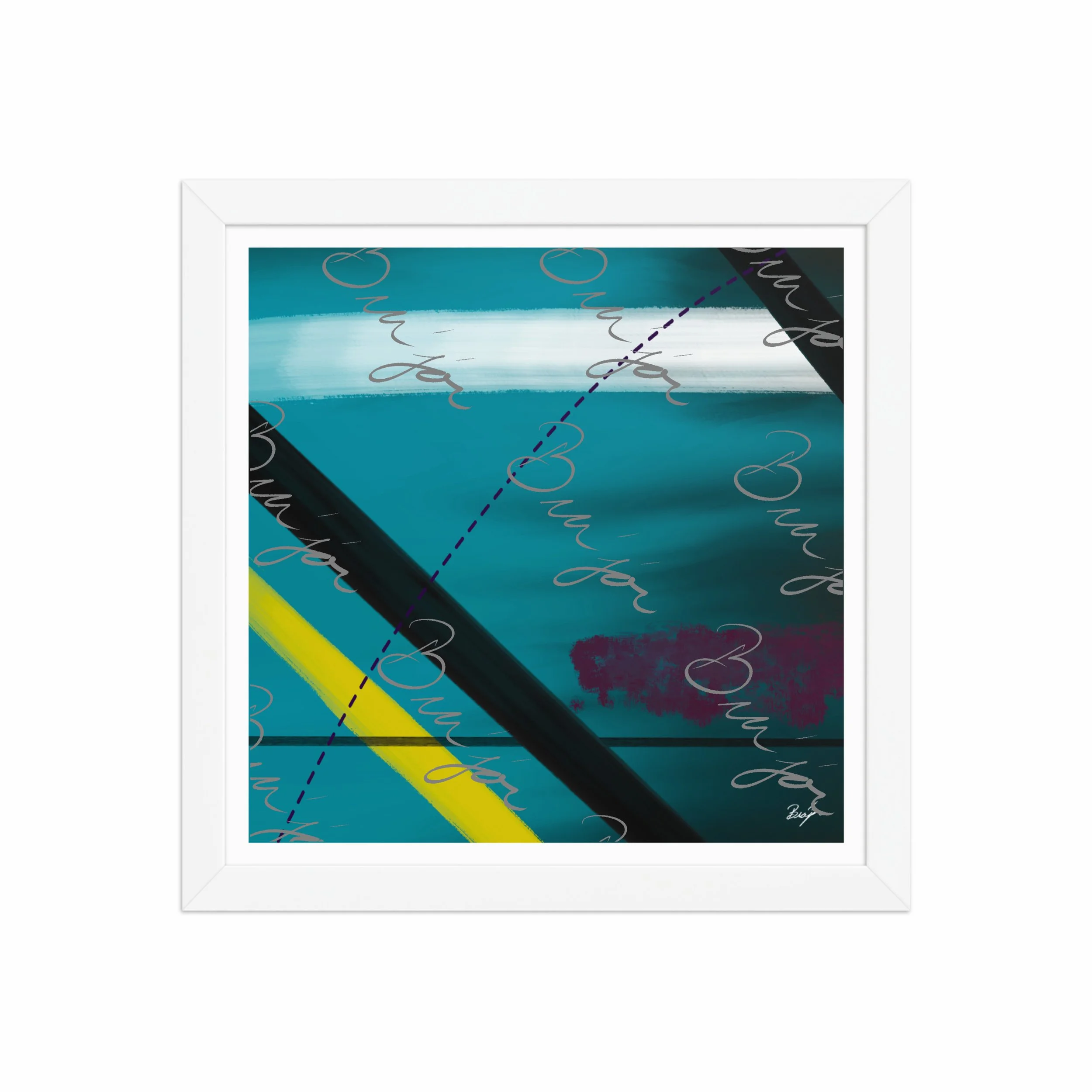 12x12 White Framed Abstract artwork titled First designed by the digital abstract artist Bra'jor. Artwork includes the colors Blue, Yellow, Black, Purple, and White