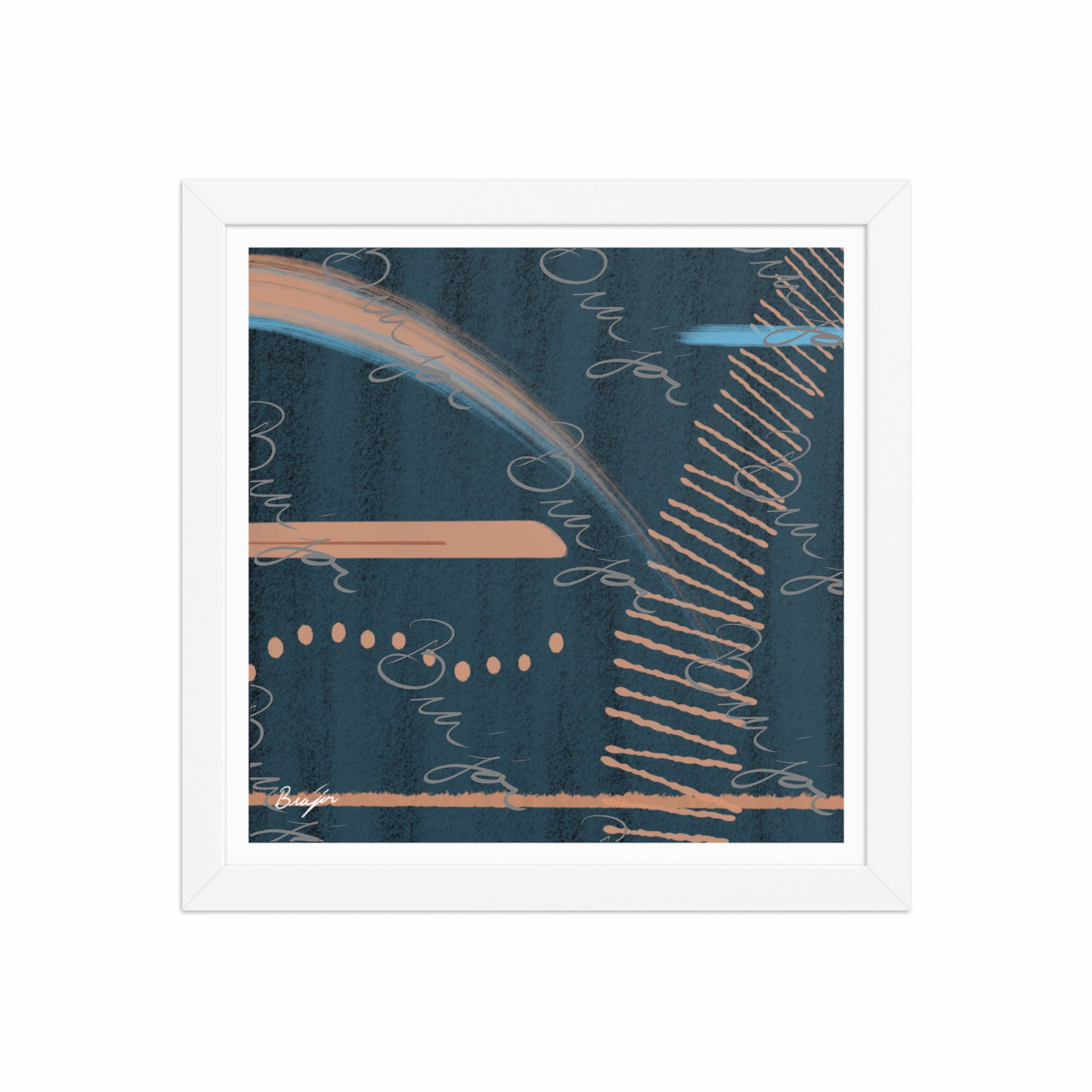 12x12 White Framed abstract artwork titled Effort designed by the digital abstract artist Bra'jor. Artwork includes the colors Black, Blue, Brown, and Tan