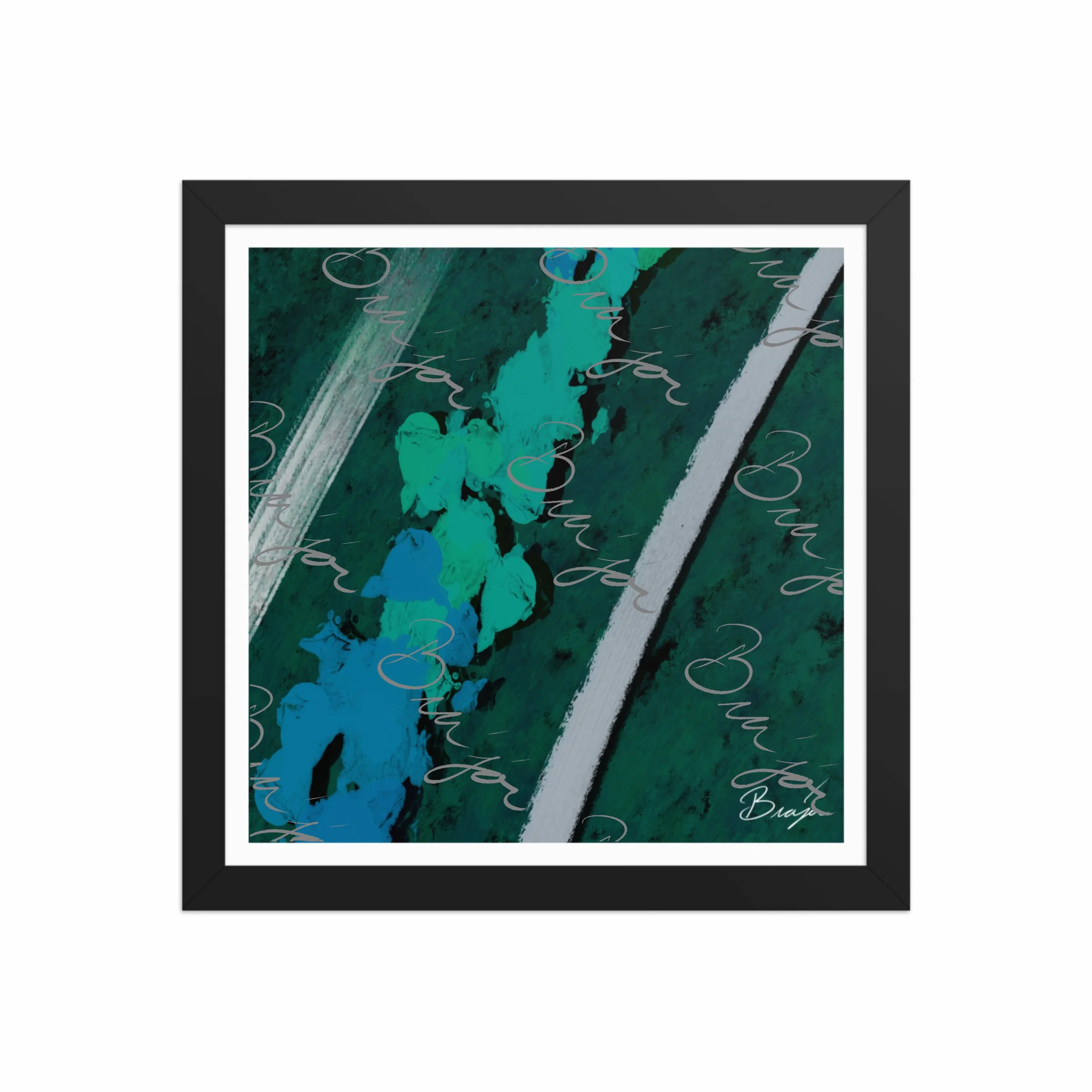 12x12 Black Framed abstract artwork titled Breathe designed by the digital abstract artist Bra'jor. Artwork includes the colors Green, Blue, Black, and White