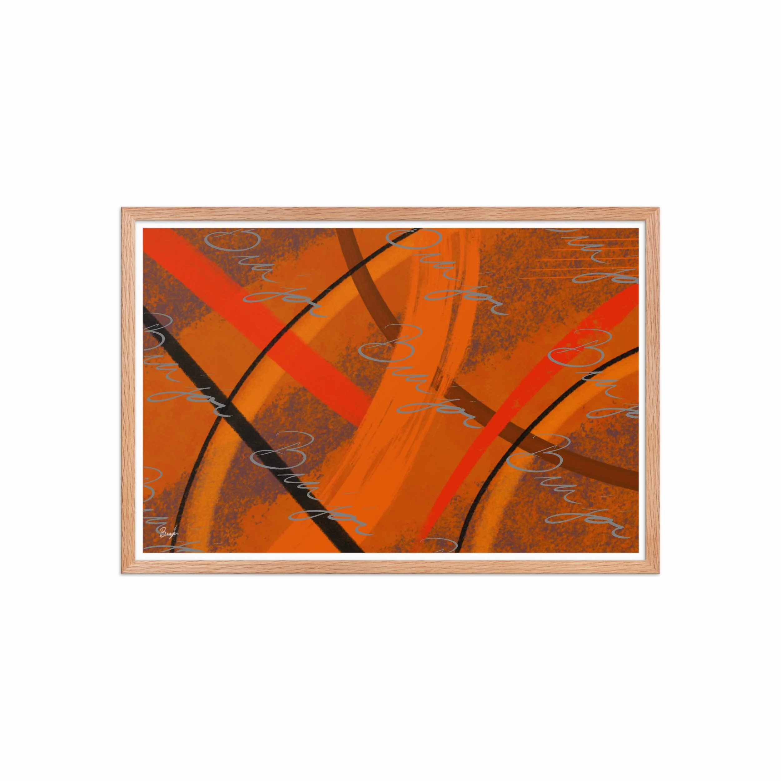 20x30 Red Oak Framed Abstract artwork titled Challenges designed by the digital abstract artist Bra'jor. Artwork includes the colors Orange, Brown, Blue, and Black