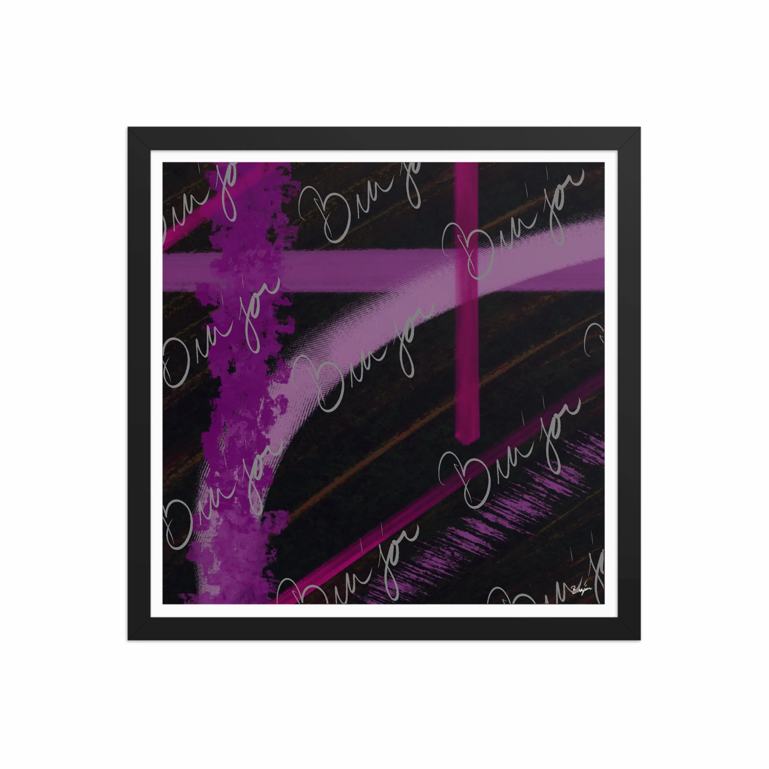 16x16 Black Framed Abstract artwork titled Be Soft designed by the digital abstract artist Bra'jor. Artwork includes the colors Purple, Lavender, Pink, Orange, and Black