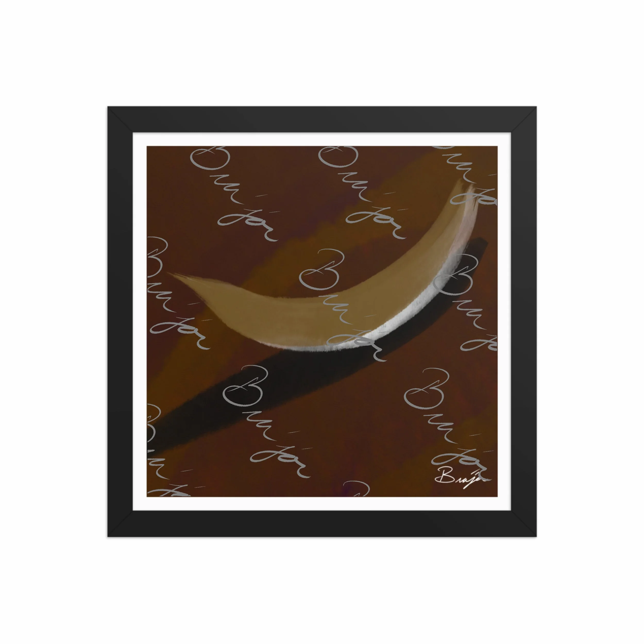 12x12 Black Framed abstract artwork titled Always There designed by the digital abstract artist Bra'jor. Artwork includes the colors Brown, Tan, White, and Black with a Purple undertone