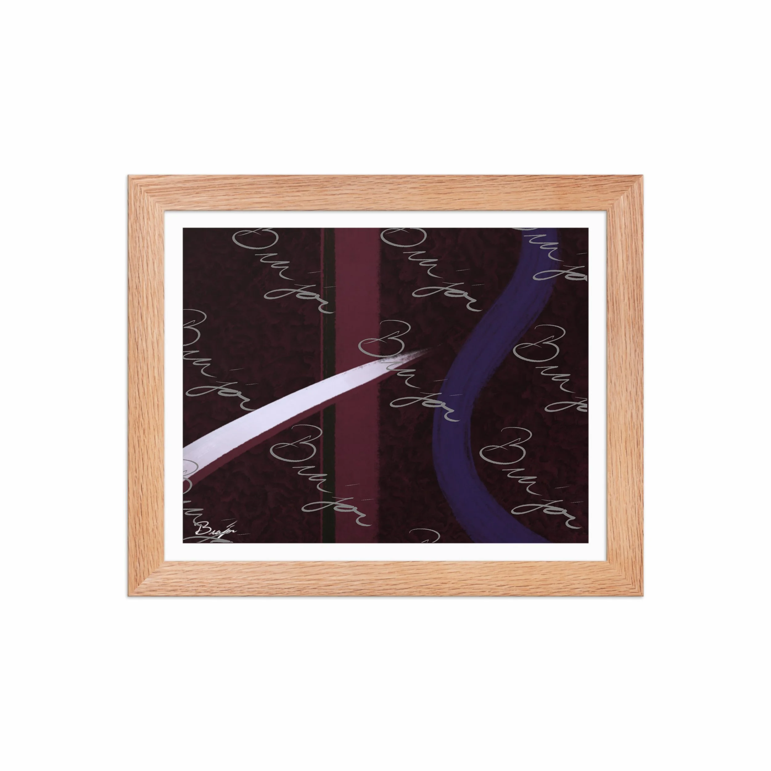 8x10 Red Oak Framed abstract artwork titled The Walk designed by the digital abstract artist Bra'jor. Artwork includes the colors Maroon, Black, Purple, and White