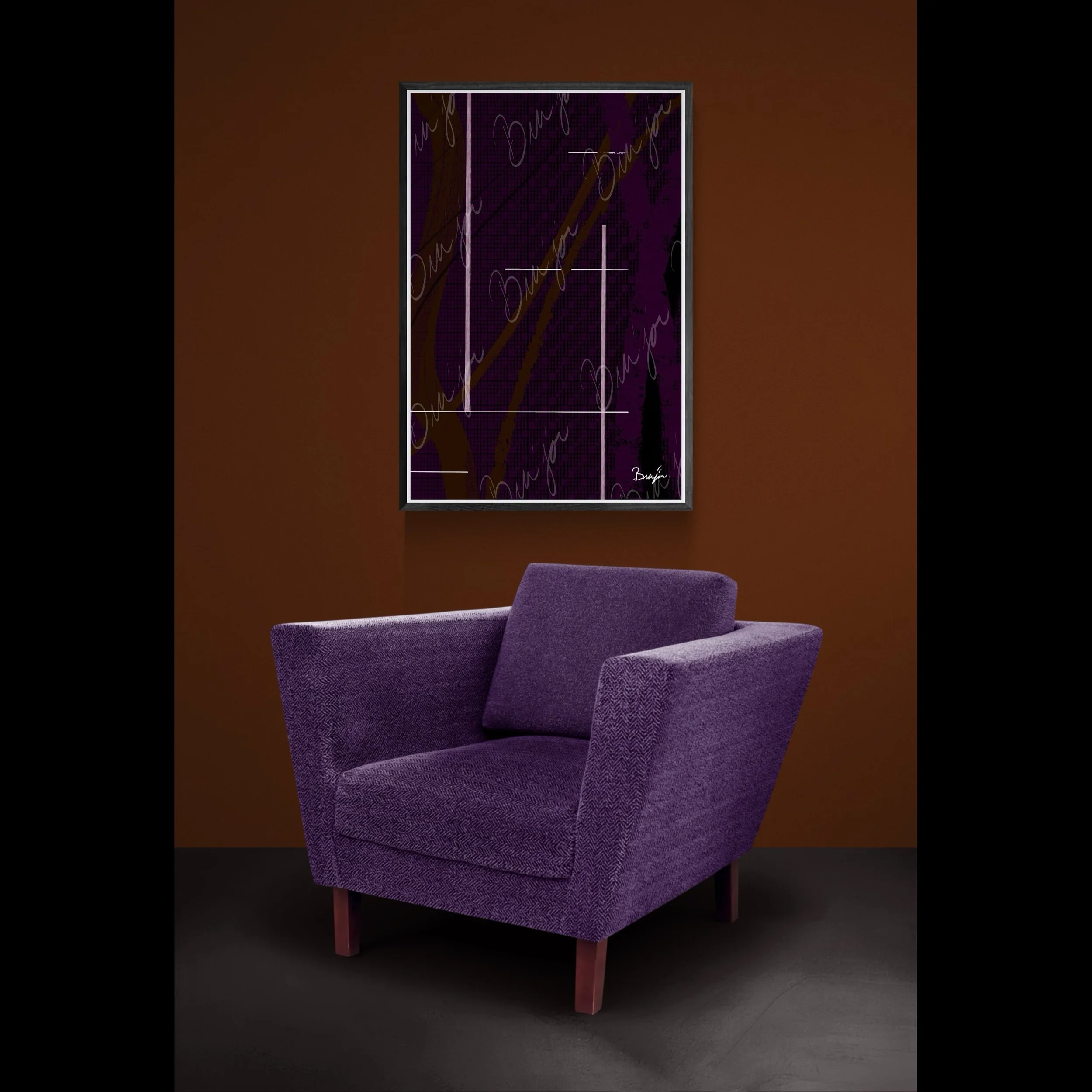 Framed Abstract artwork titled Out of the Box designed by the digital abstract artist Bra'jor. Artwork includes the colors Purple, Brown, Black, and White