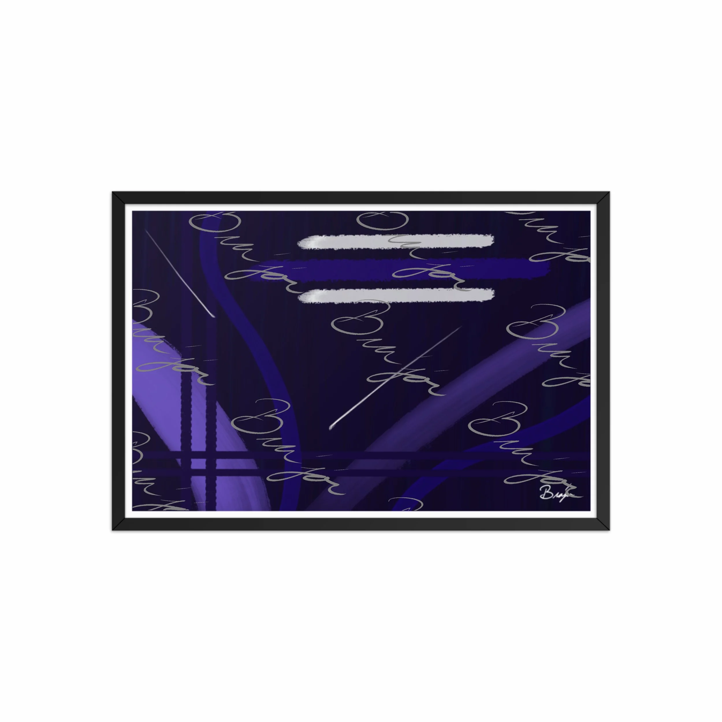 20x30 Black Framed Abstract artwork titled Beneath designed by the digital abstract artist Bra'jor. Artwork includes the colors Blue, White, Purple, and Navy