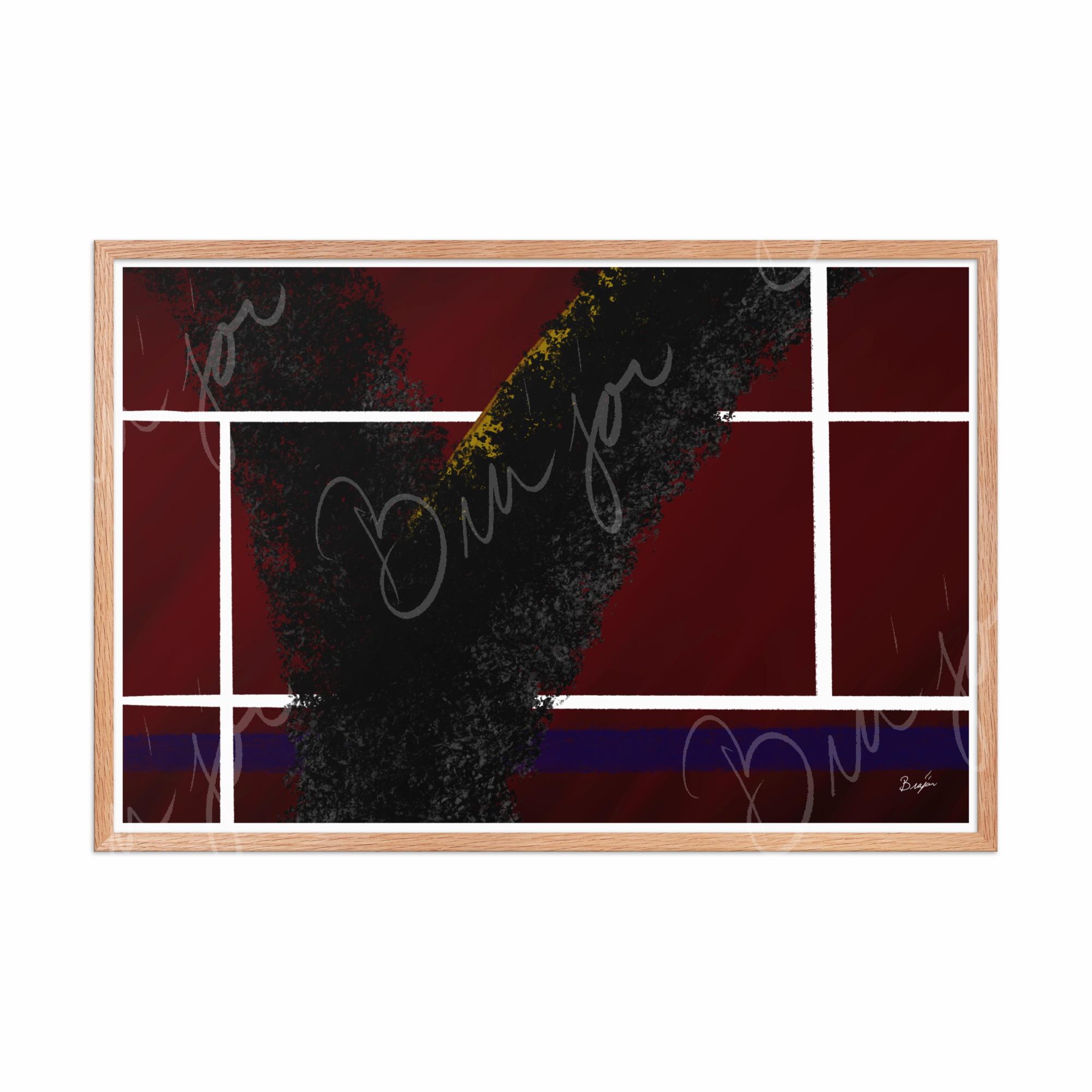24x36 Red Oak Framed Abstract artwork titled Step Out designed by the digital abstract artist Bra'jor. Artwork includes the colors Red, White, Black, Yellow, and Blue