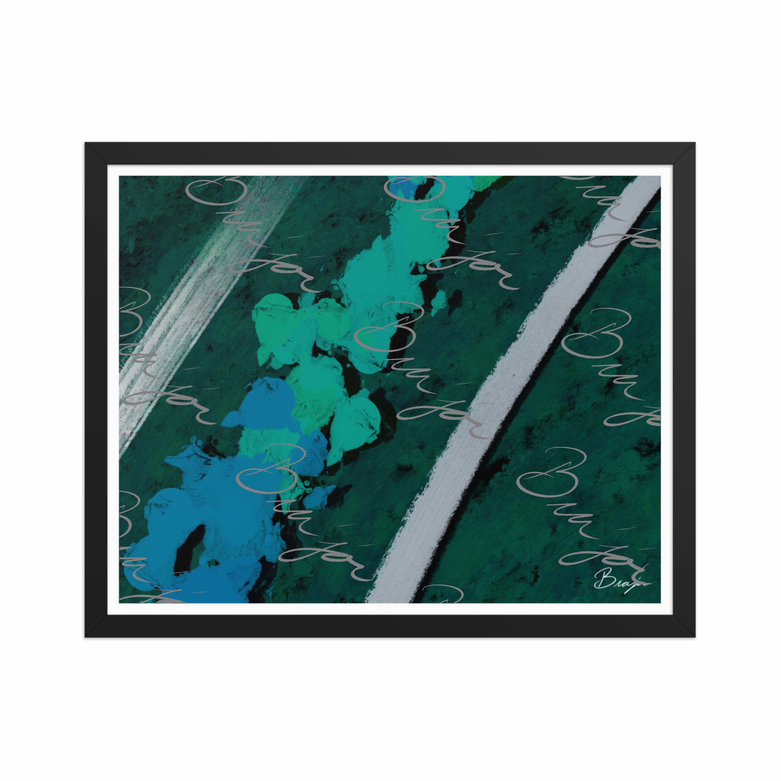 16x20 Black Framed abstract artwork titled Breathe designed by the digital abstract artist Bra'jor. Artwork includes the colors Green, Blue, Black, and White