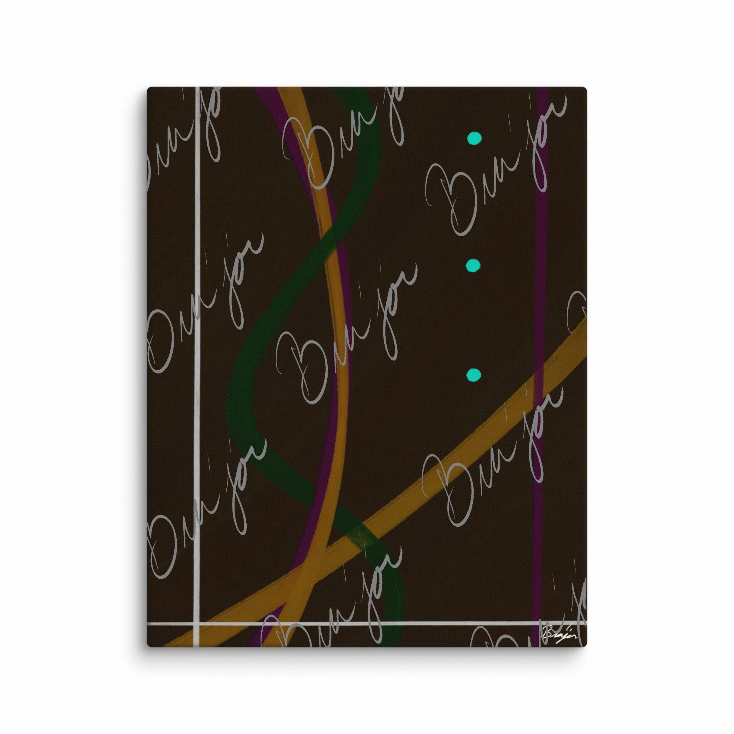11x14 Canvas Abstract artwork titled Button Up designed by the digital abstract artist Bra'jor. Artwork includes the colors Orange, Purple, Green, White, and Brown