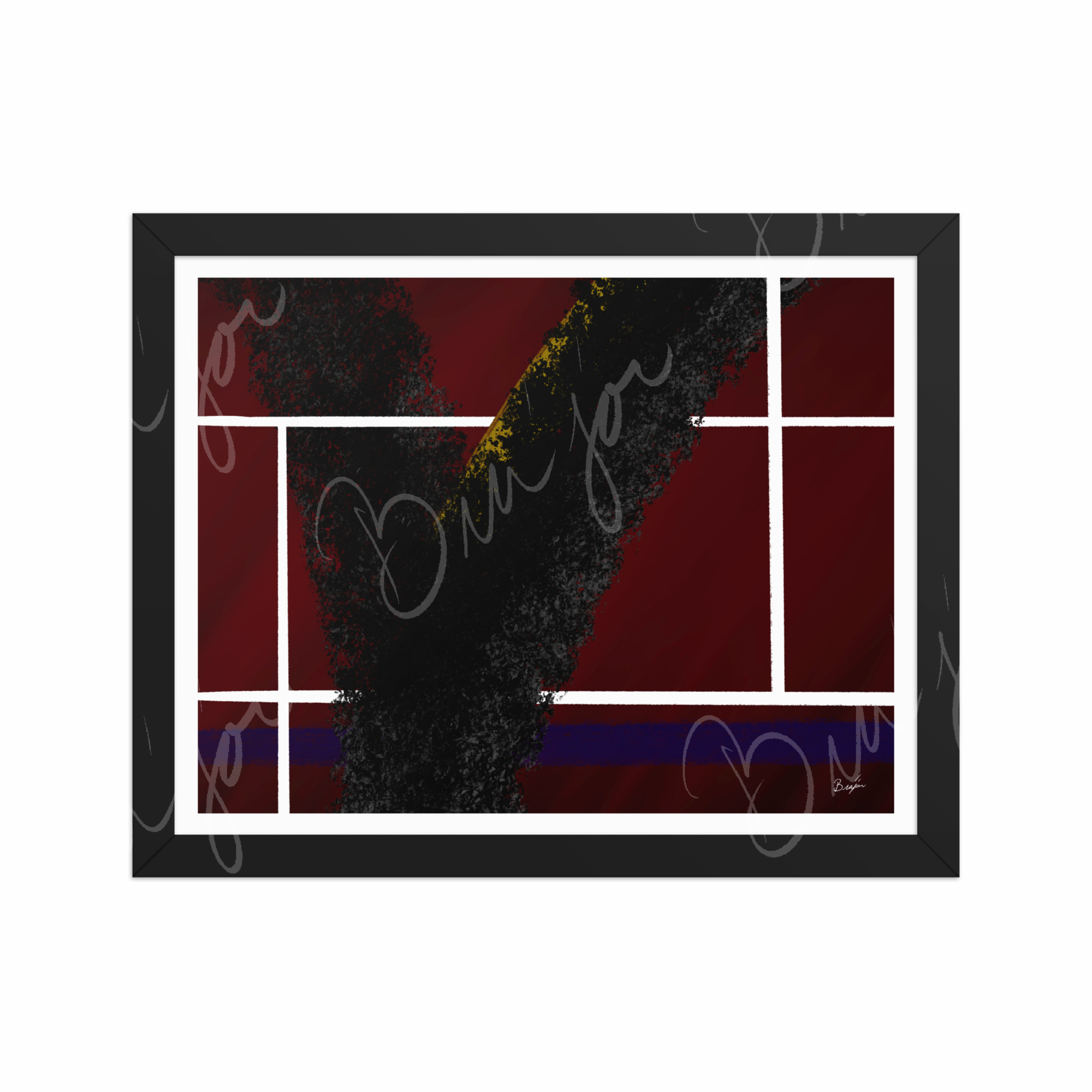 11x14 Black Framed Abstract artwork titled Step Out designed by the digital abstract artist Bra'jor. Artwork includes the colors Red, White, Black, Yellow, and Blue