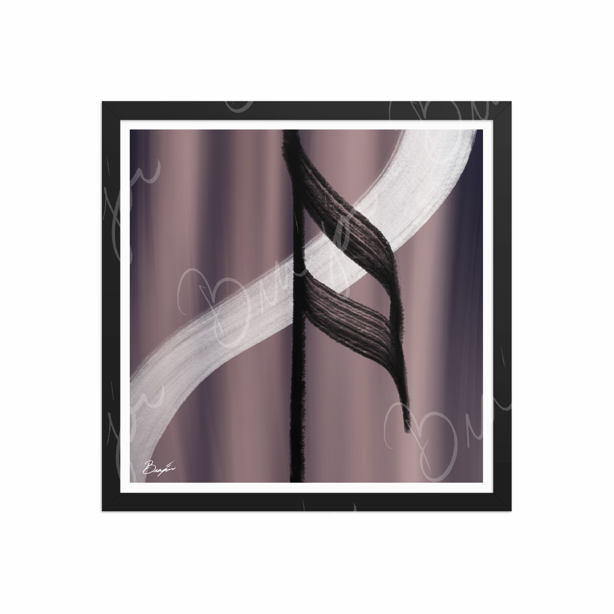 16x16 Black Framed Abstract artwork titled A Beat designed by the digital abstract artist Bra'jor. Artwork includes the colors Black, White, Gray, violet, and Mauve