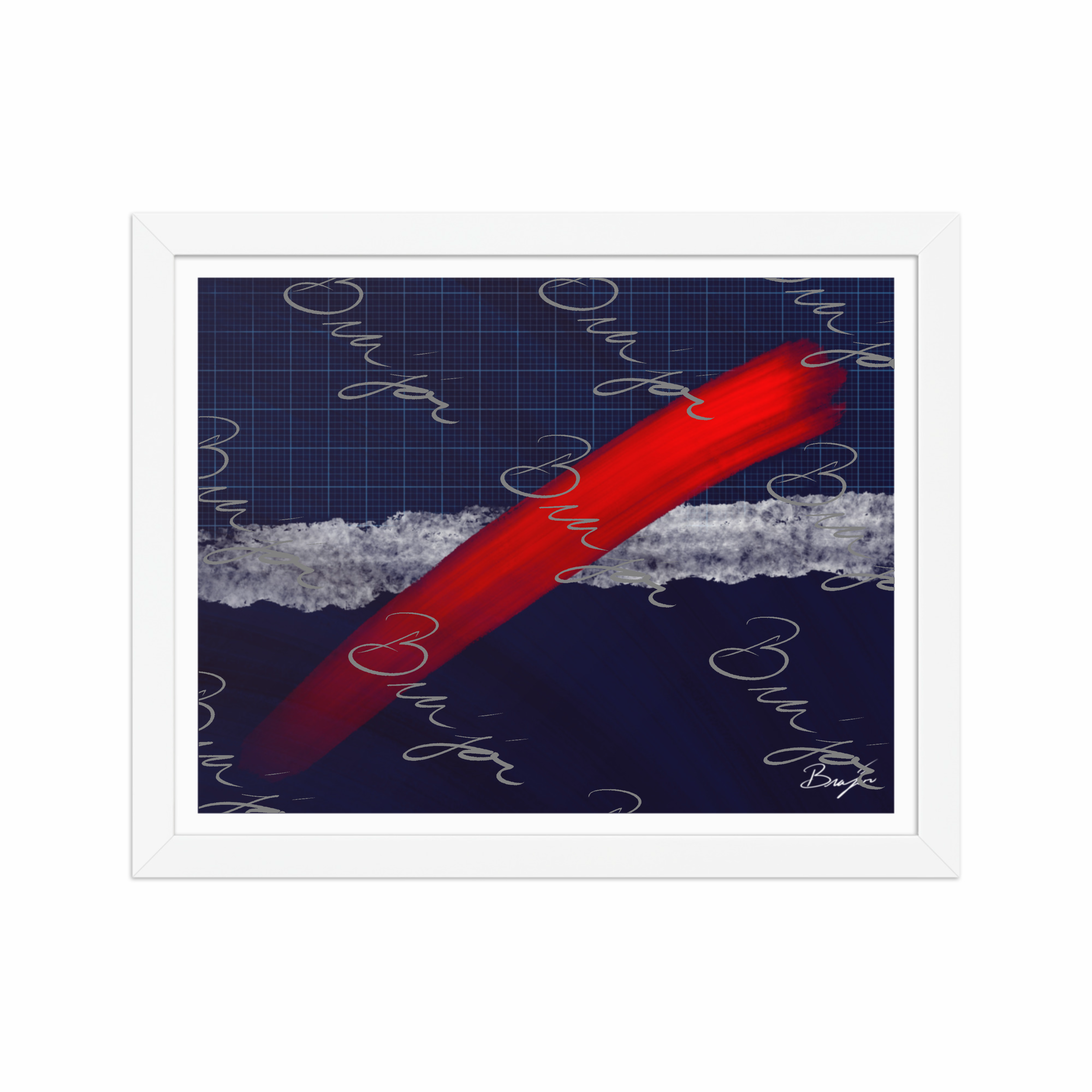 11x14 White Framed abstract artwork titled Strike designed by the digital abstract artist Bra'jor. Artwork includes the colors Red, Blue, white, and Gray