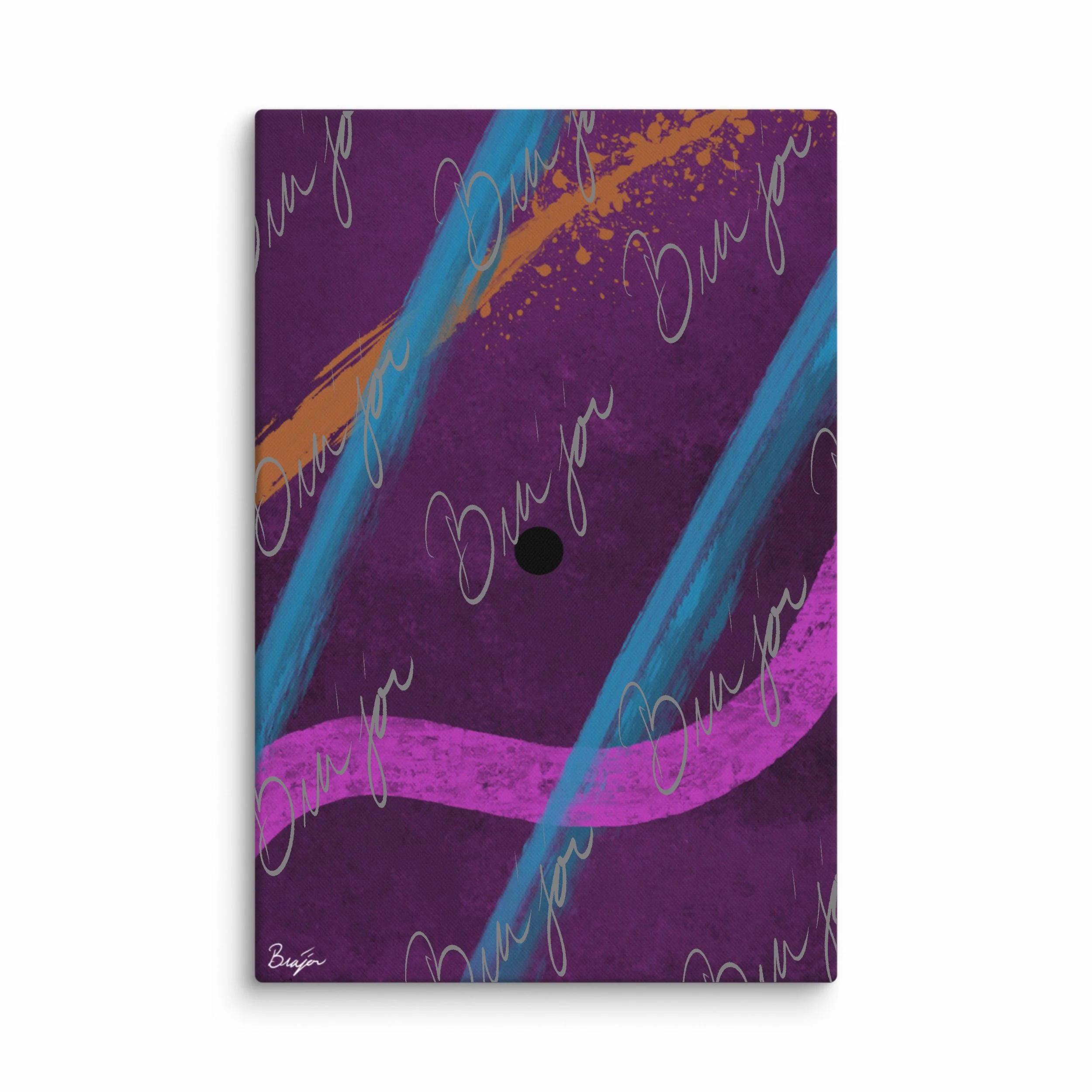 24x36 Canvas abstract artwork titled Absent designed by the digital abstract artist Bra'jor. Artwork includes the colors Blue, Orange, Black, Pink, and Purple