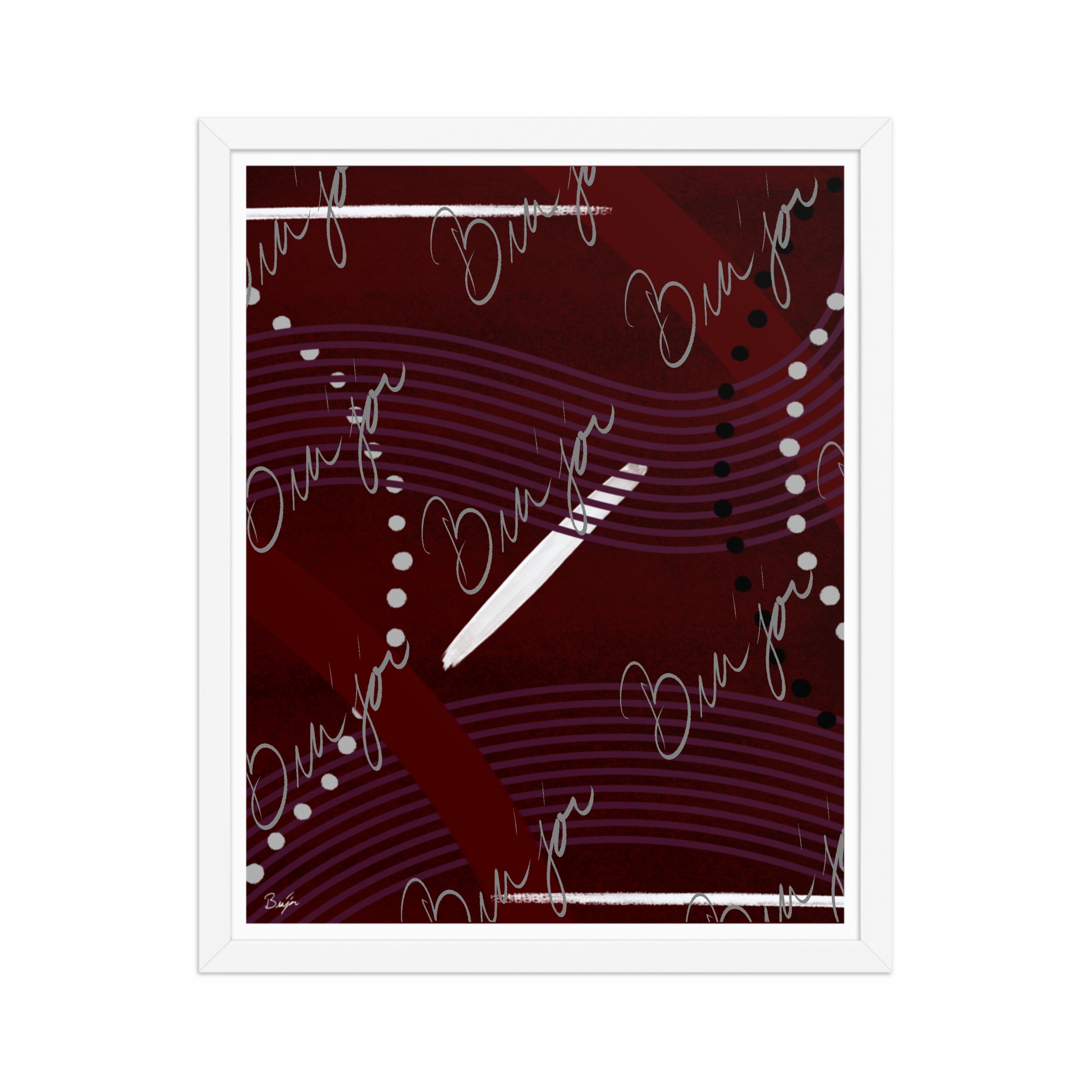16x20 White Framed Abstract artwork titled Memories designed by the digital abstract artist Bra'jor. Artwork includes the colors Black, White, Maroon, Purple, and Gray