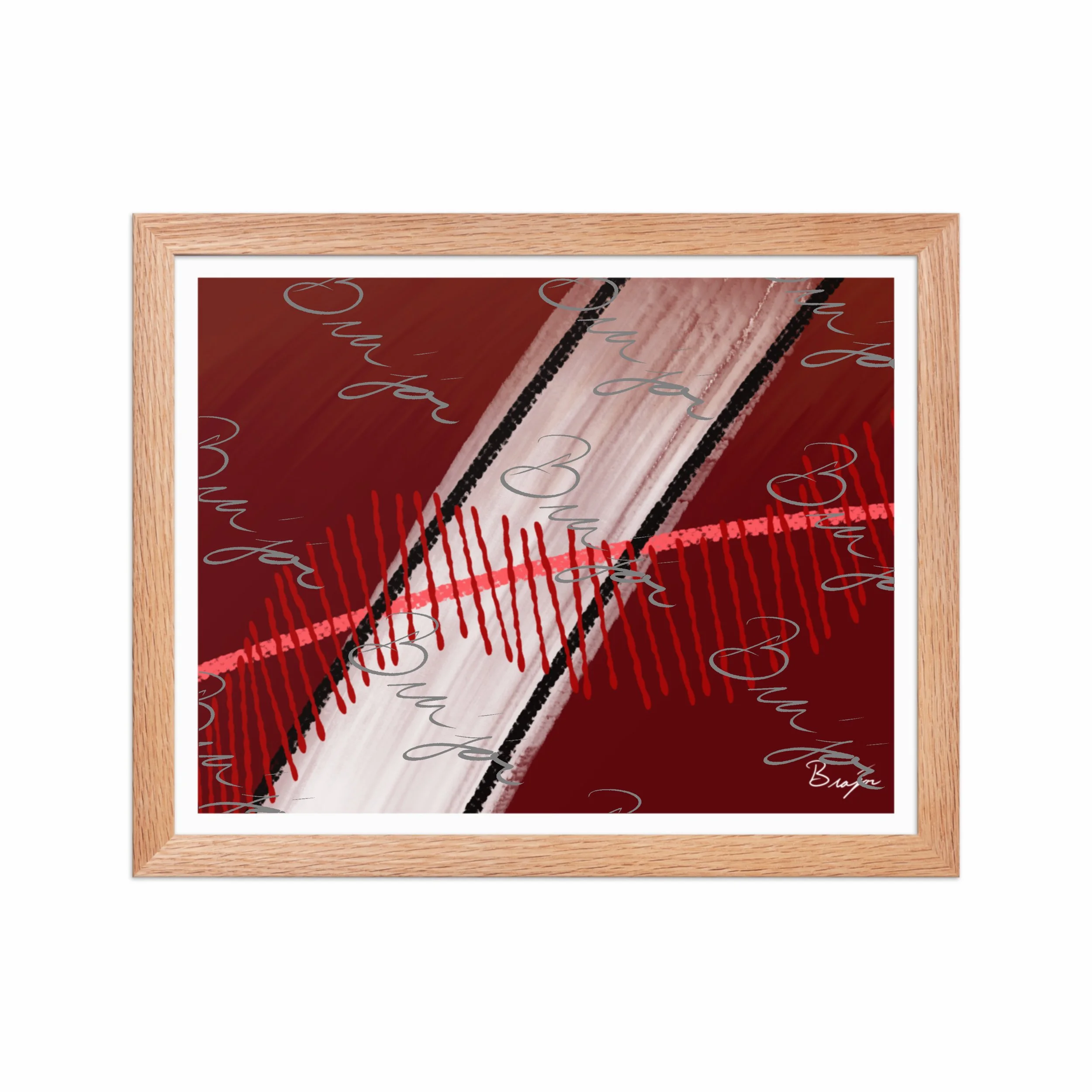 11x14 Red Oak Framed abstract artwork titled Confined designed by the digital abstract artist Bra'jor. Artwork includes the colors Red, Pink, Black, Maroon, and White