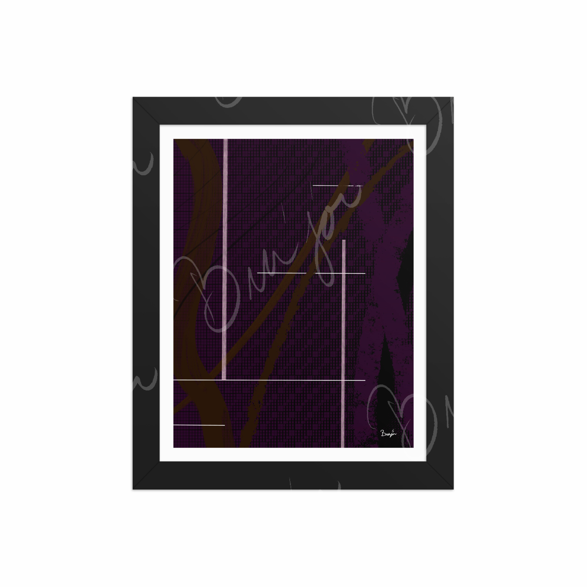 8x10 Black Framed Abstract artwork titled Out of the Box designed by the digital abstract artist Bra'jor. Artwork includes the colors Purple, Brown, Black, and White