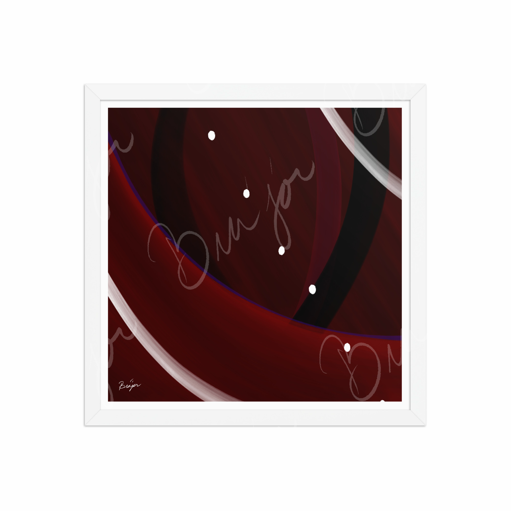 16x16 White  Framed Abstract artwork titled Trail Back designed by the digital abstract artist Bra'jor. Artwork includes the colors Red, Black, Purple, and White