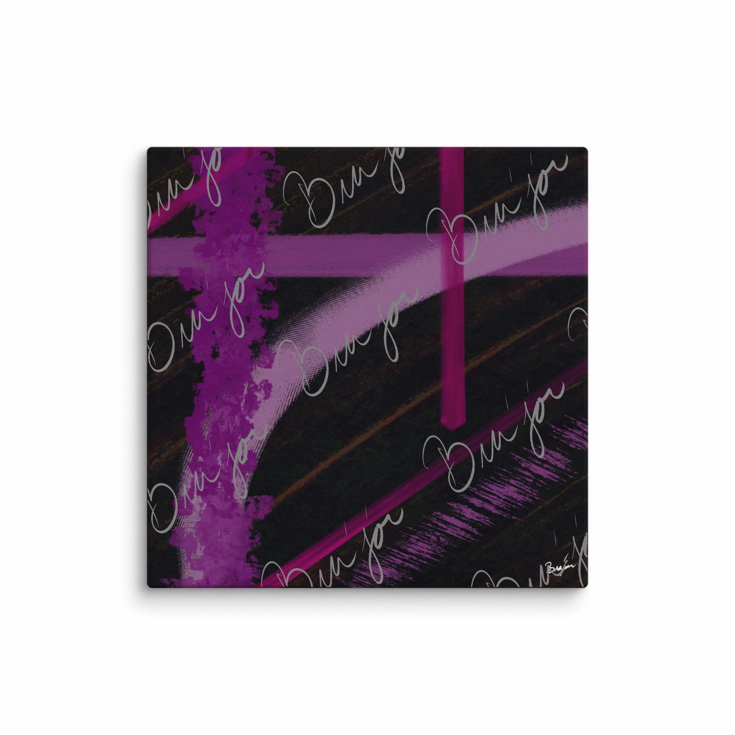 37x37 XL abstract canvas artwork titled Be Soft designed by the digital abstract artist Bra'jor. Artwork includes the colors Purple, Lavender, Pink, Orange, and Black