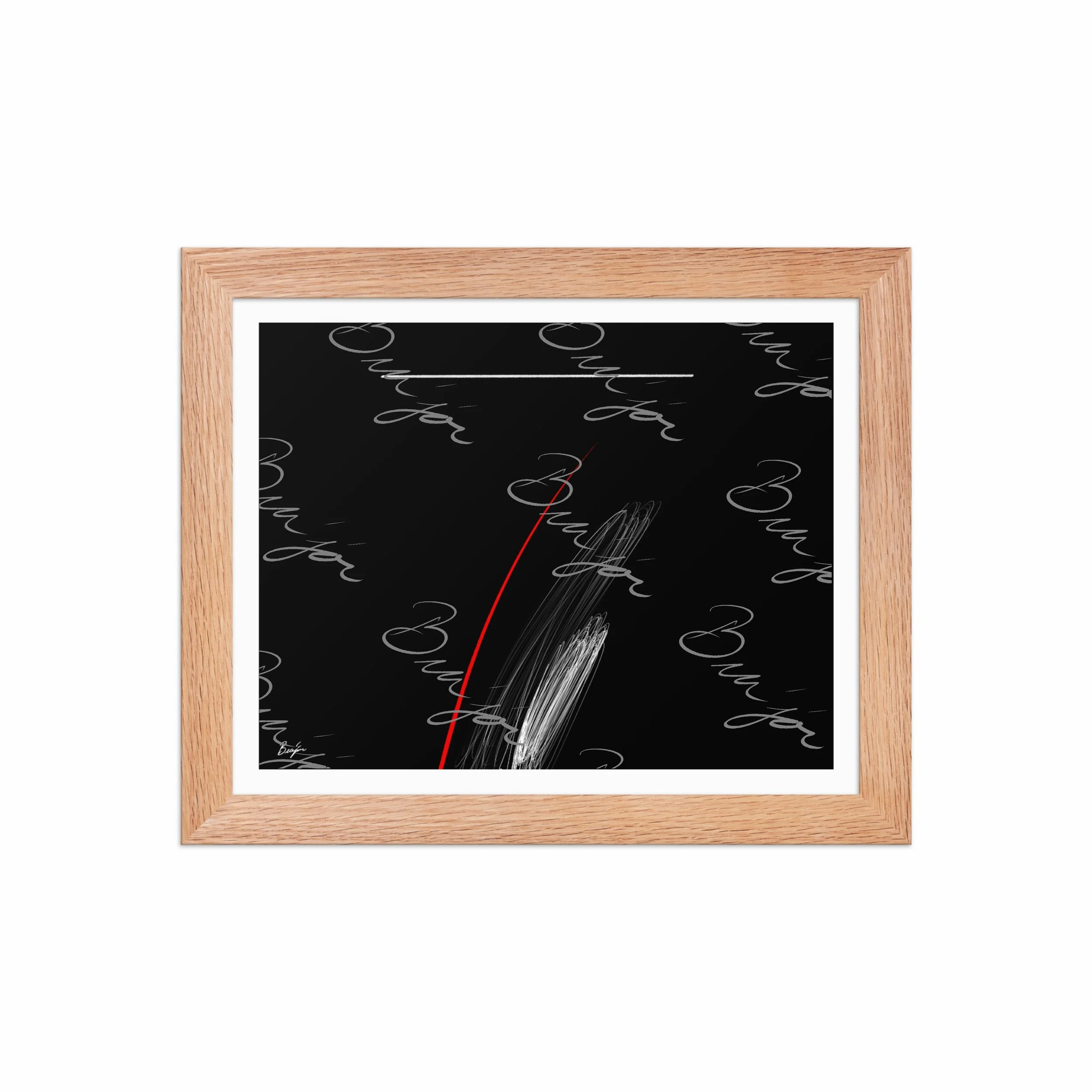 8x10 Red Oak Framed Self Titled Abstract artwork ‘Bra’jor’ designed by the digital abstract artist Bra'jor. Artwork includes the colors Black, Red, and White