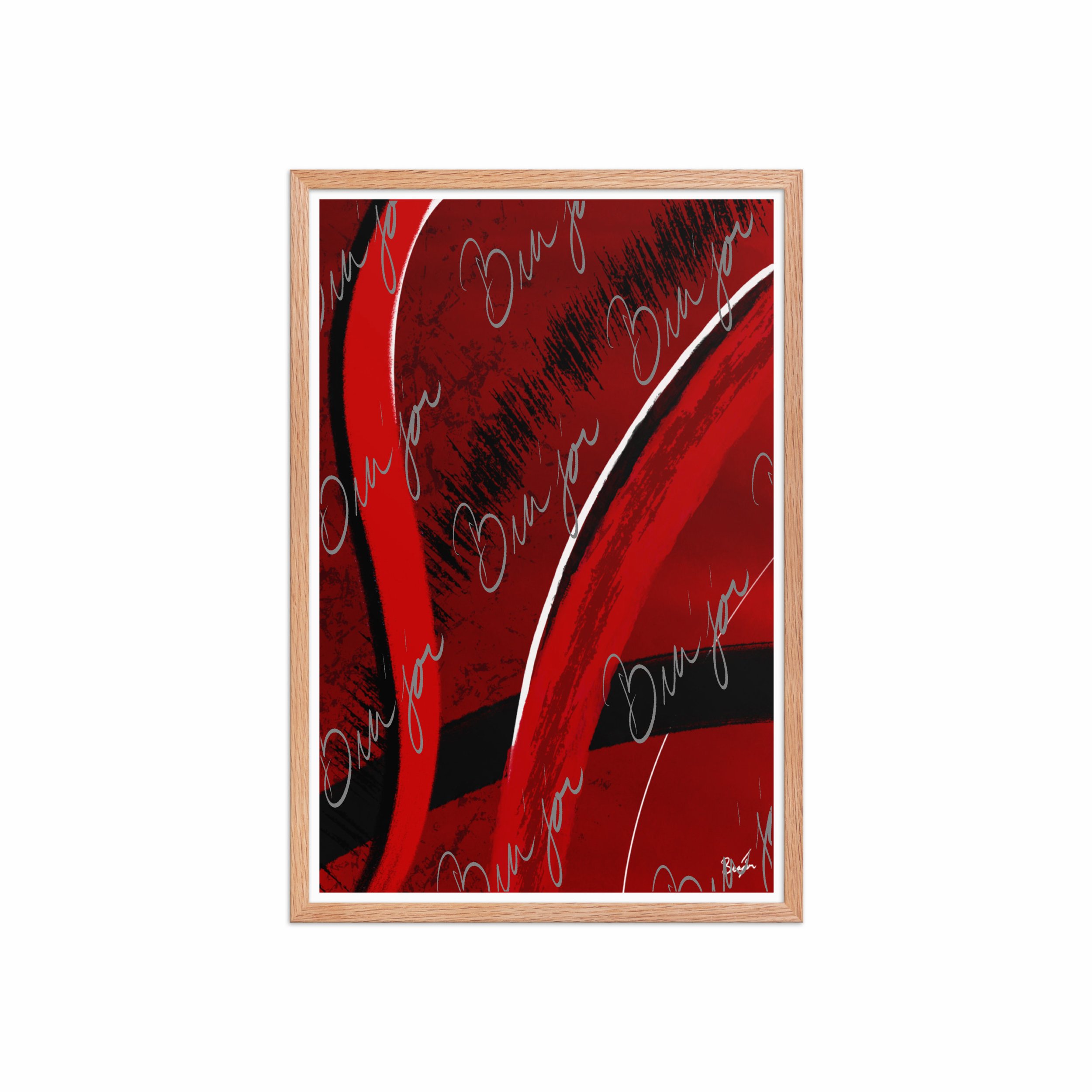 20x30 Red Oak Framed Abstract artwork titled Feel designed by the digital abstract artist Bra'jor. Artwork includes the colors Red, Black, Blue, and White