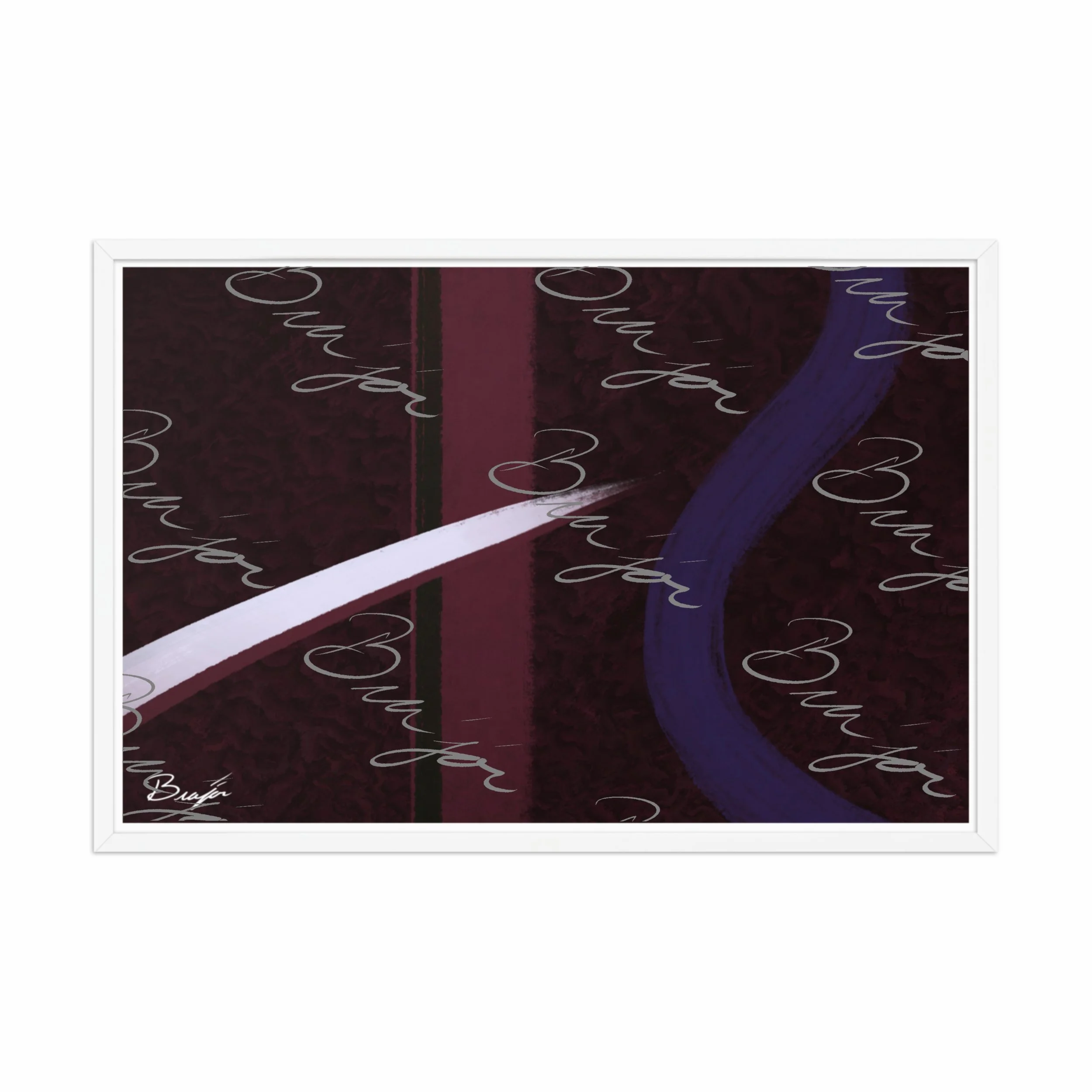 24x36 White Framed abstract artwork titled The Walk designed by the digital abstract artist Bra'jor. Artwork includes the colors Maroon, Black, Purple, and White