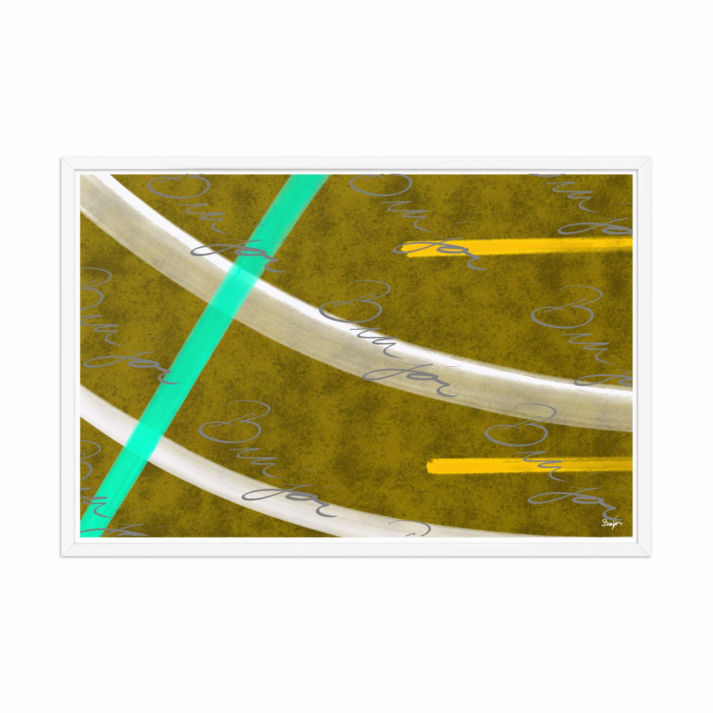 24x36 White Framed Abstract artwork titled Hushed designed by the digital abstract artist Bra'jor. Artwork includes the colors Orange, Yellow, White, and Blue