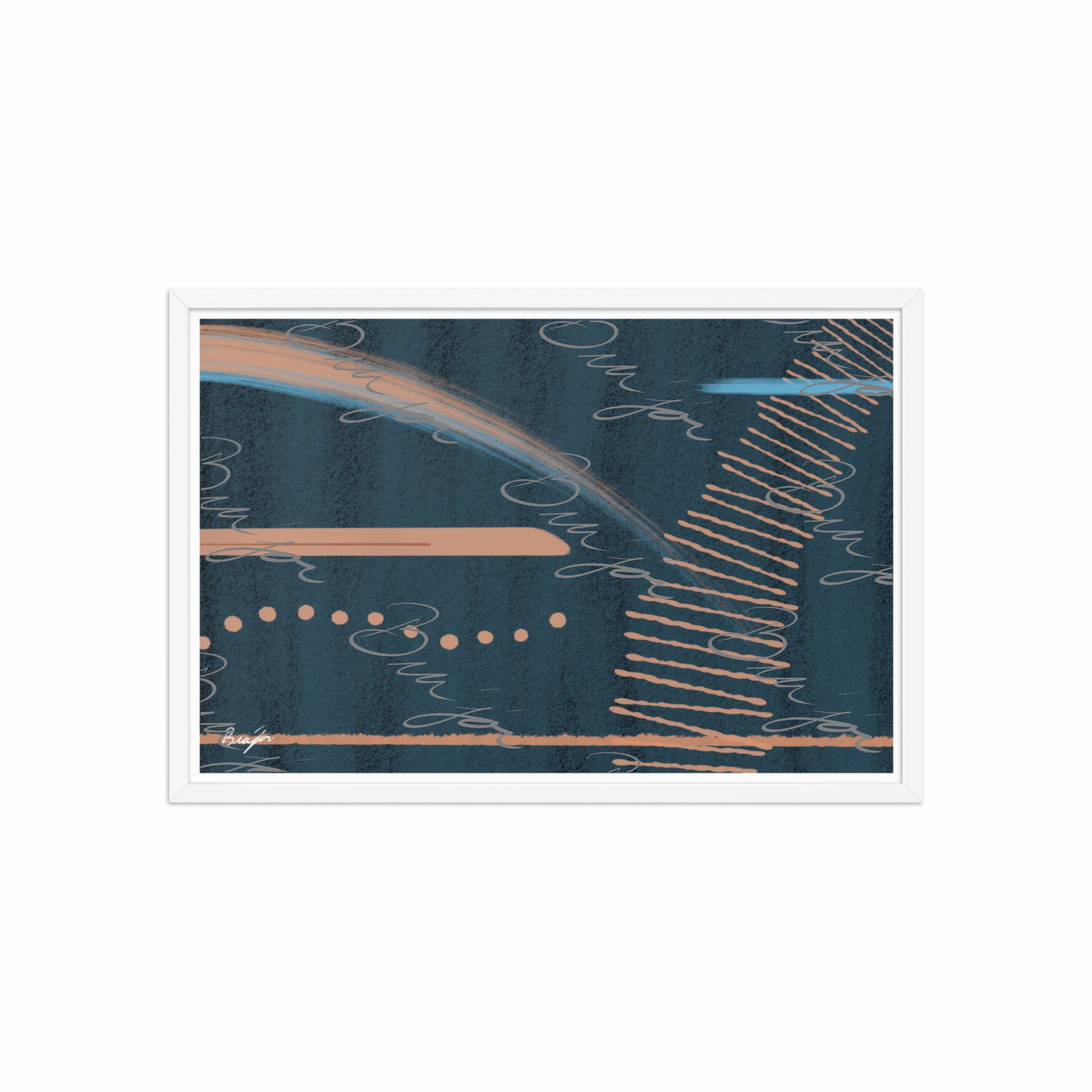 20x30 White Framed abstract artwork titled Effort designed by the digital abstract artist Bra'jor. Artwork includes the colors Black, Blue, Brown, and Tan