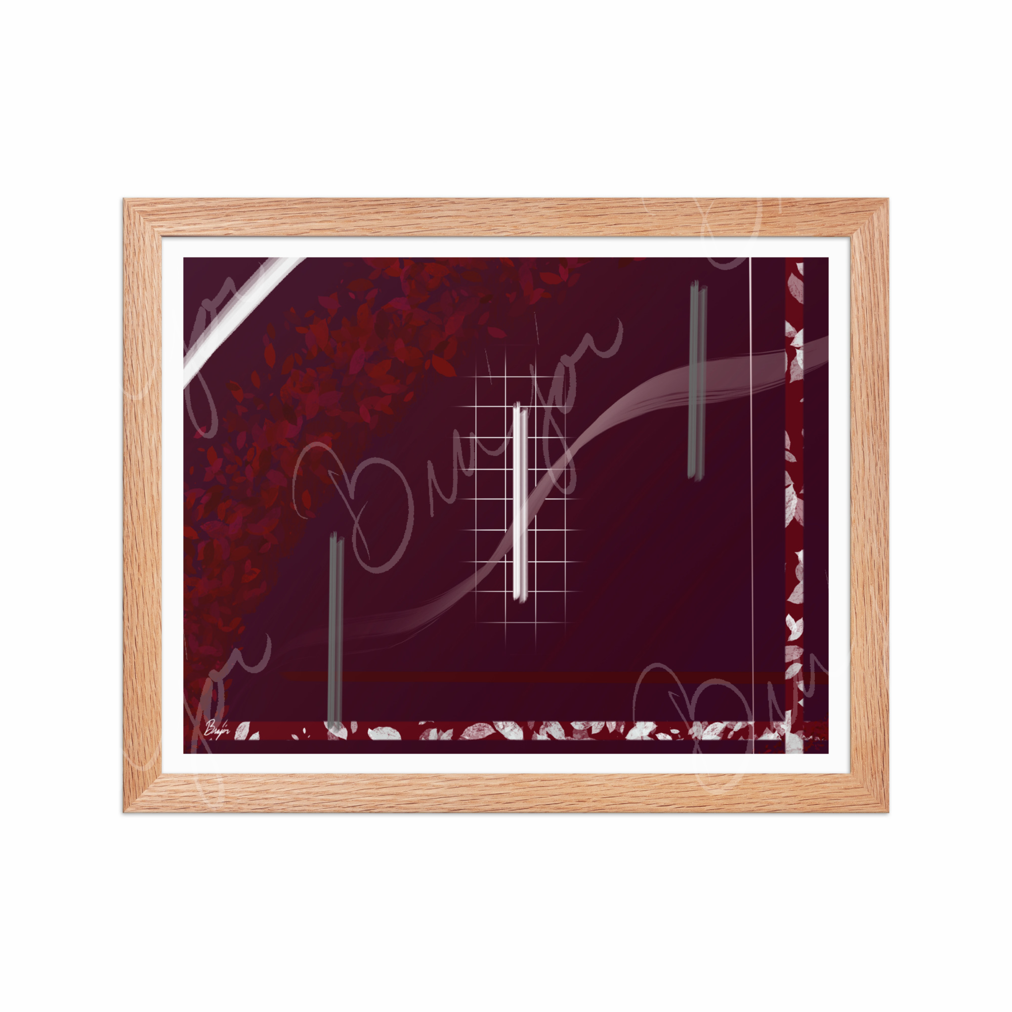 11x14 Red Oak Framed Abstract artwork titled Shine designed by the digital abstract artist Bra'jor. Artwork includes the colors Red, Gray, Maroon, White, and Soft Pink