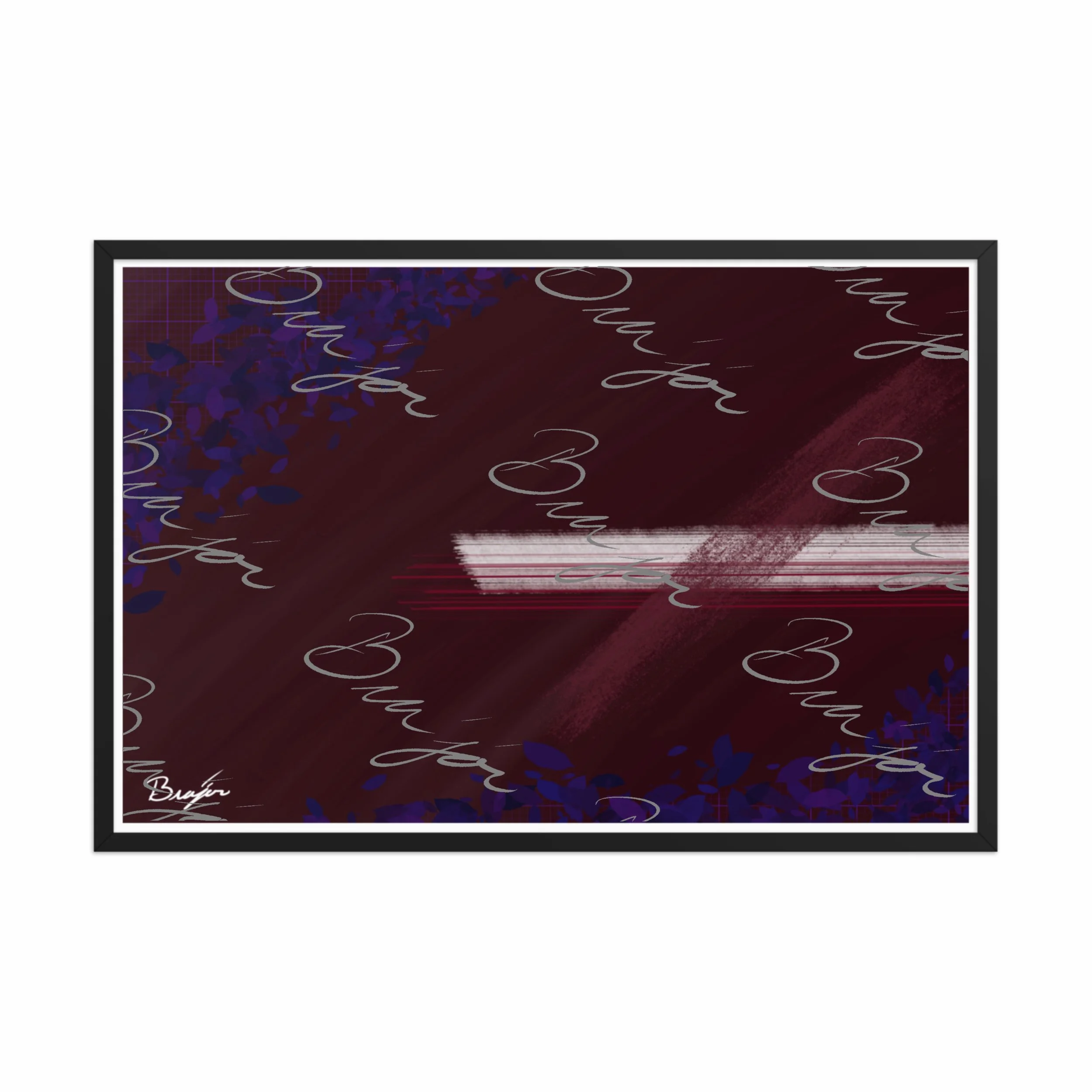 24x36 Black framed abstract artwork titled Guarded designed by the digital abstract artist Bra'jor. Artwork includes the colors Maroon, Black, Blue, and White