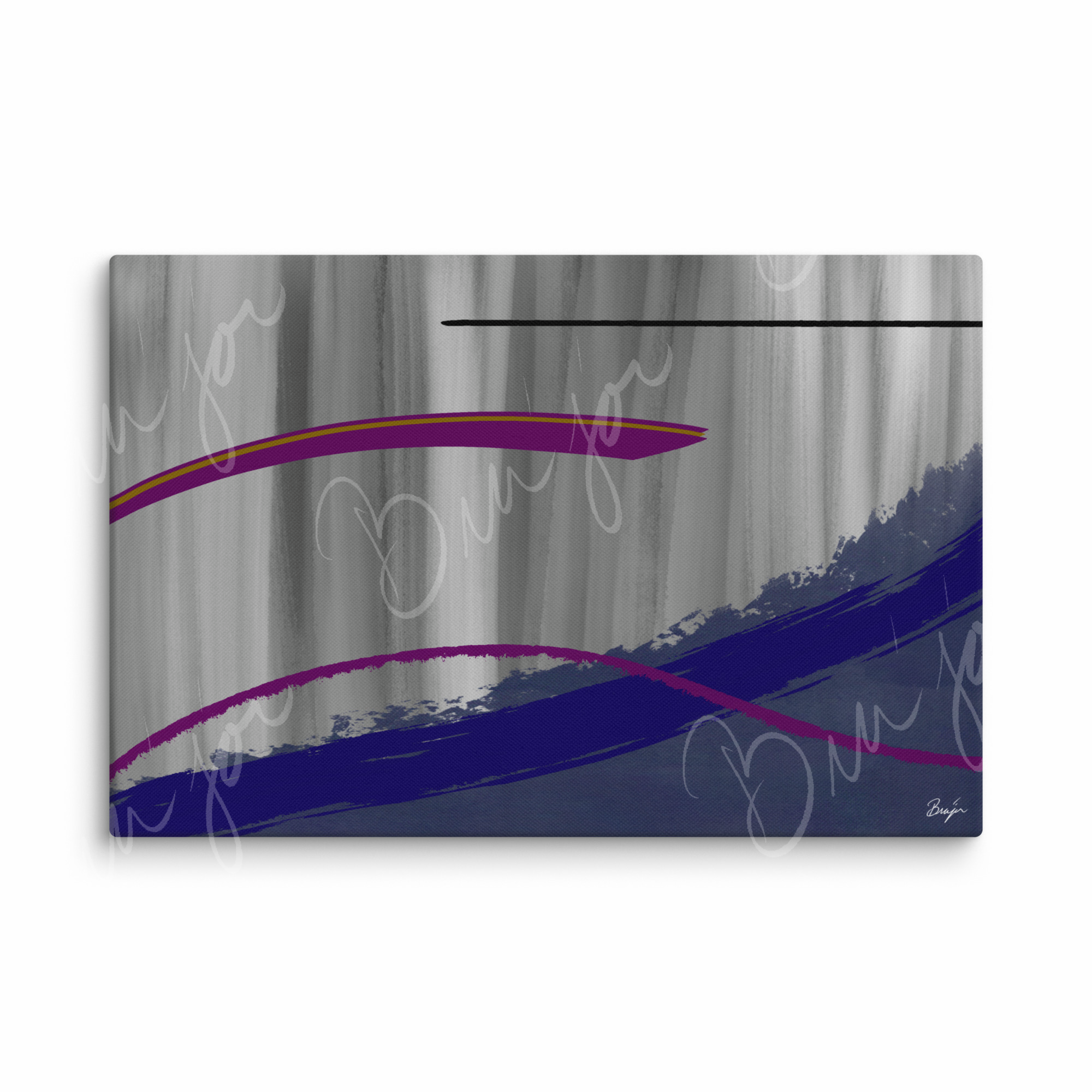 40x60 XL Canvas Abstract artwork titled Reworking designed by the digital abstract artist Bra'jor. Artwork includes the colors Purple, Gray, Blue, Mustard Yellow, and Black