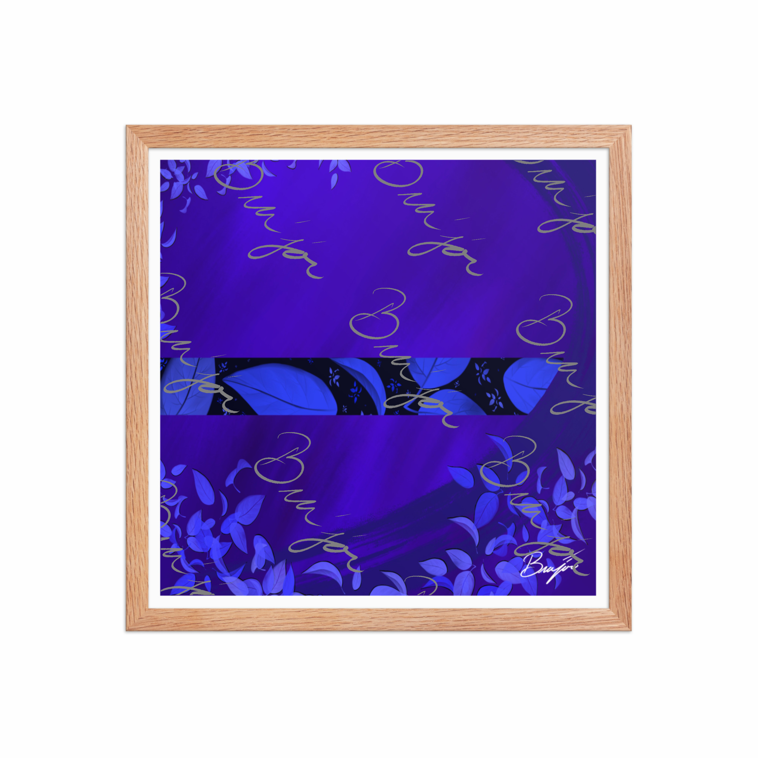 16x16 Red Oak Framed abstract artwork titled A Moment designed by the digital abstract artist Bra'jor. Artwork includes the colors Blue, Black, and Purple