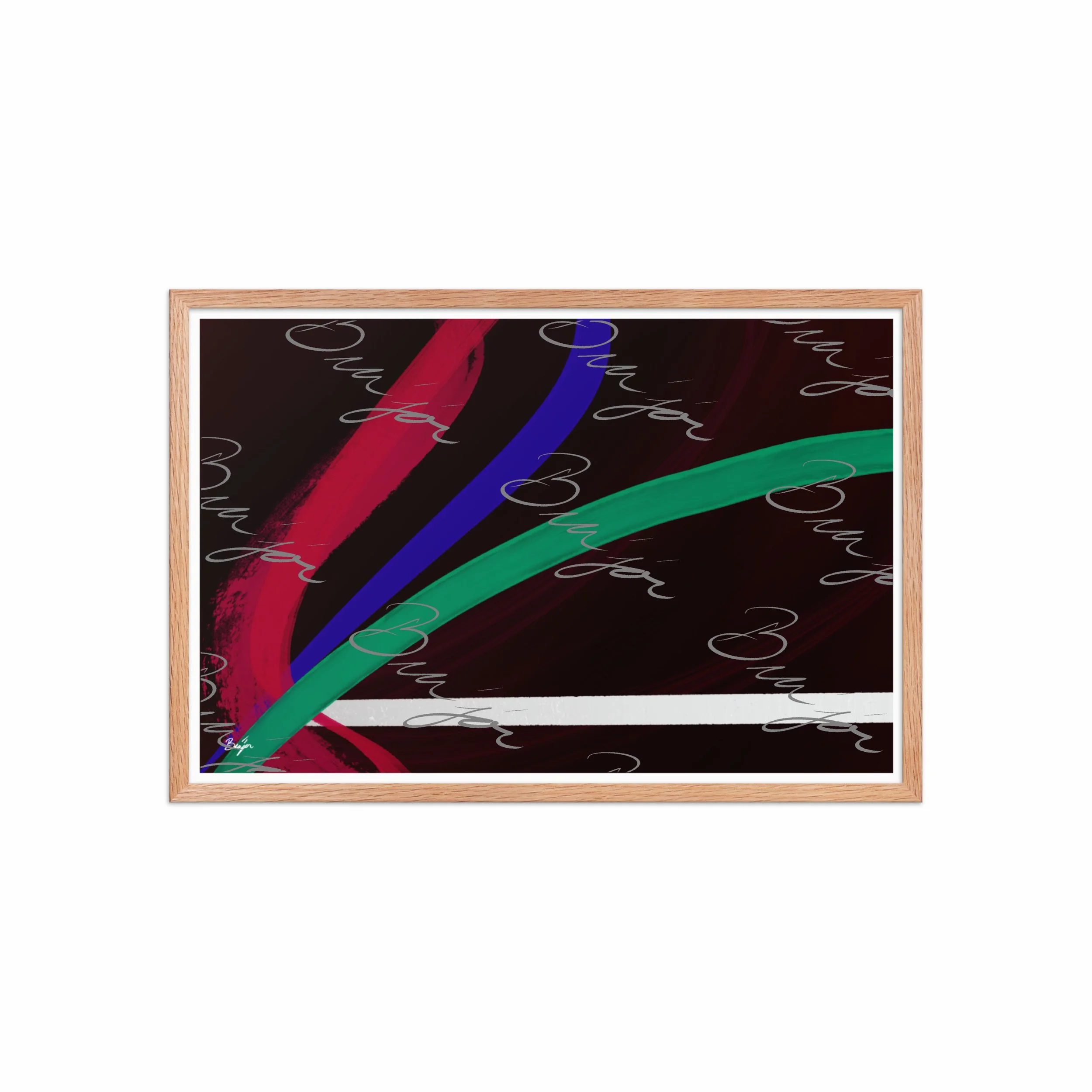 20x30 Red Oak Framed Abstract artwork titled Journey designed by the digital abstract artist Bra'jor. Artwork includes the colors Red, White, Green, and Blue
