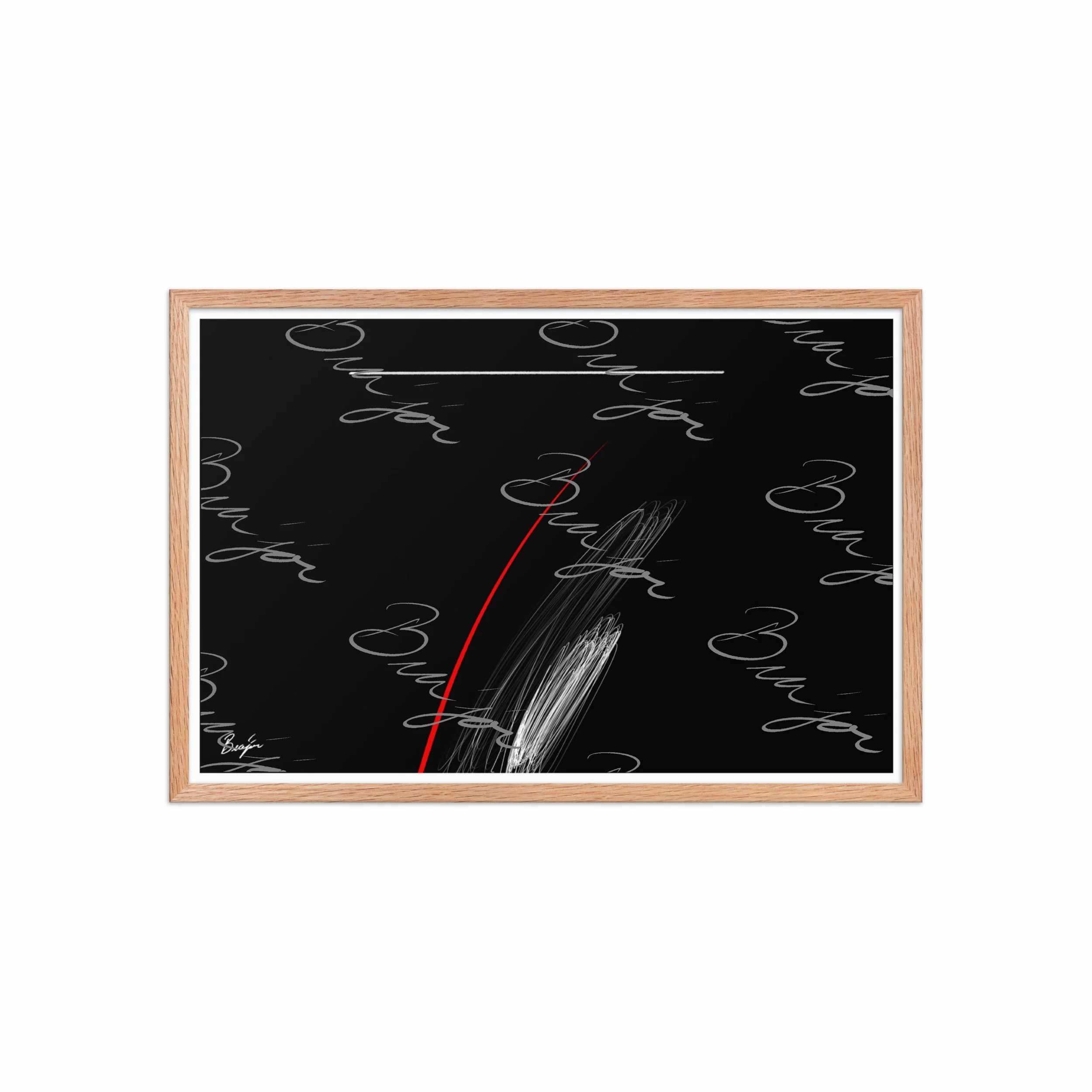20x30 Red Oak Framed Self Titled Abstract artwork ‘Bra’jor’ designed by the digital abstract artist Bra'jor. Artwork includes the colors Black, Red, and White