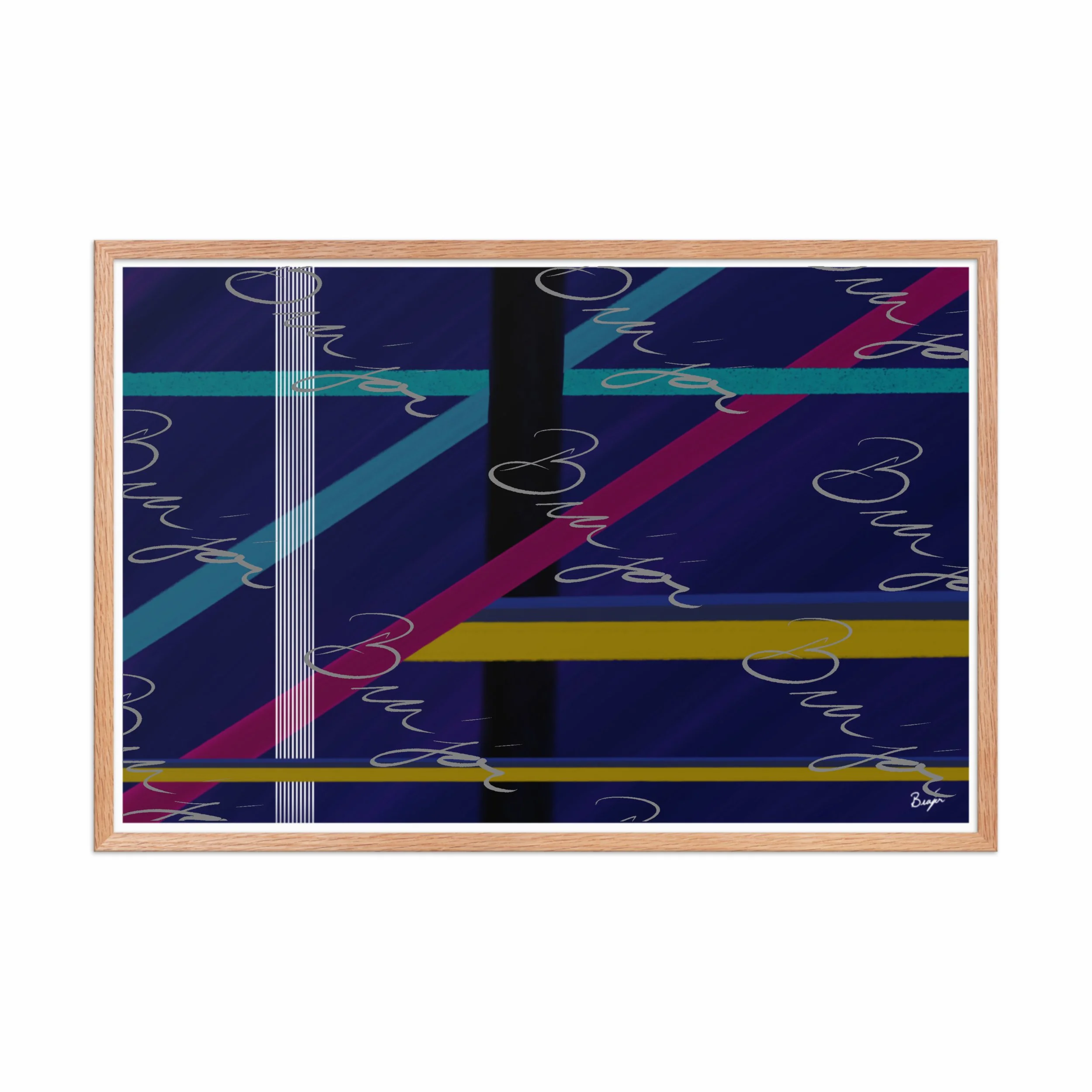 24x36 Red Oak Framed Abstract artwork titled Destinations designed by the digital abstract artist Bra'jor. Artwork includes the colors Black, Blue, Yellow, Pink, and White