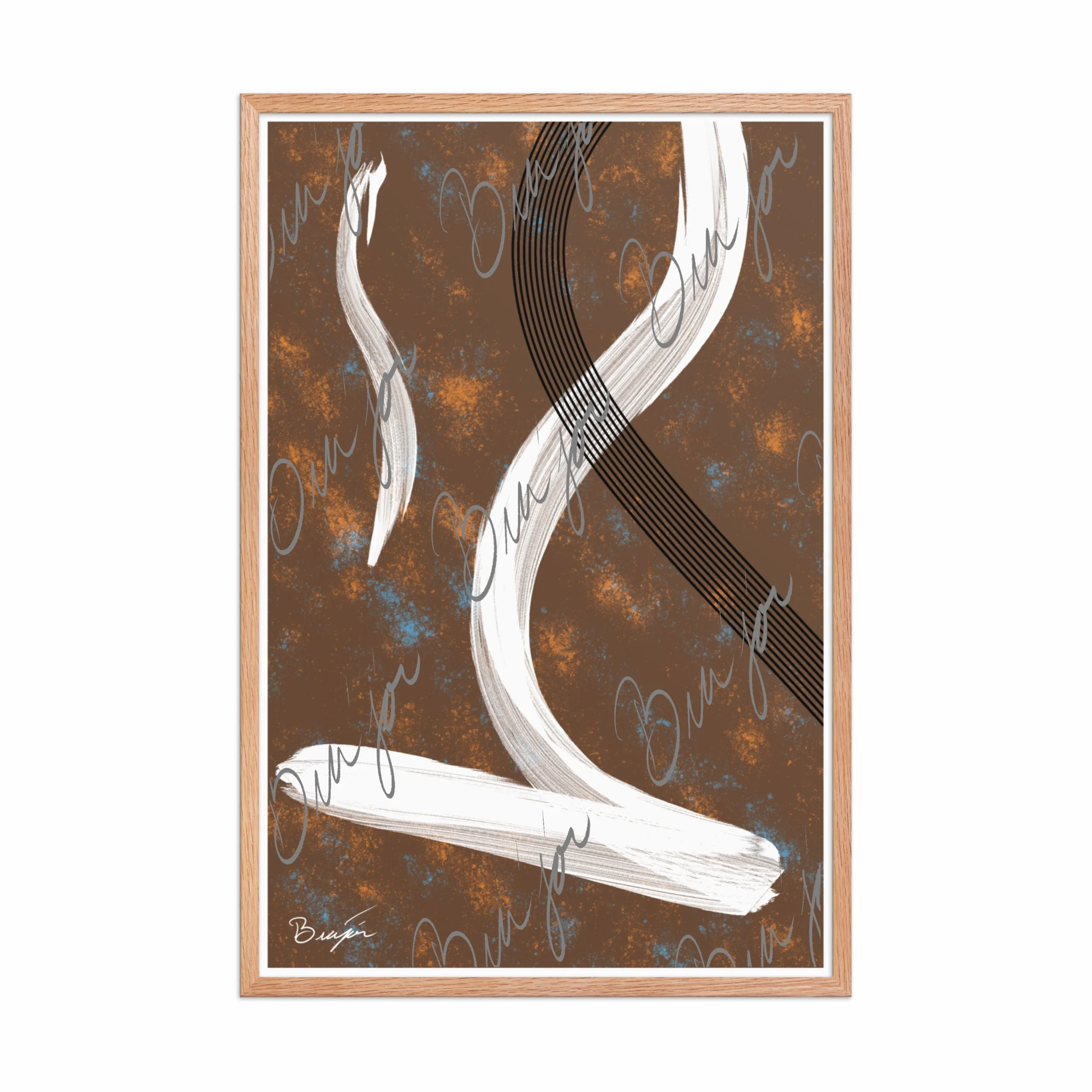 24x36 Red Oak Framed abstract artwork titled My Heart designed by the digital abstract artist Bra'jor. Artwork includes the colors Brown, Orange, Blue, White, and Black