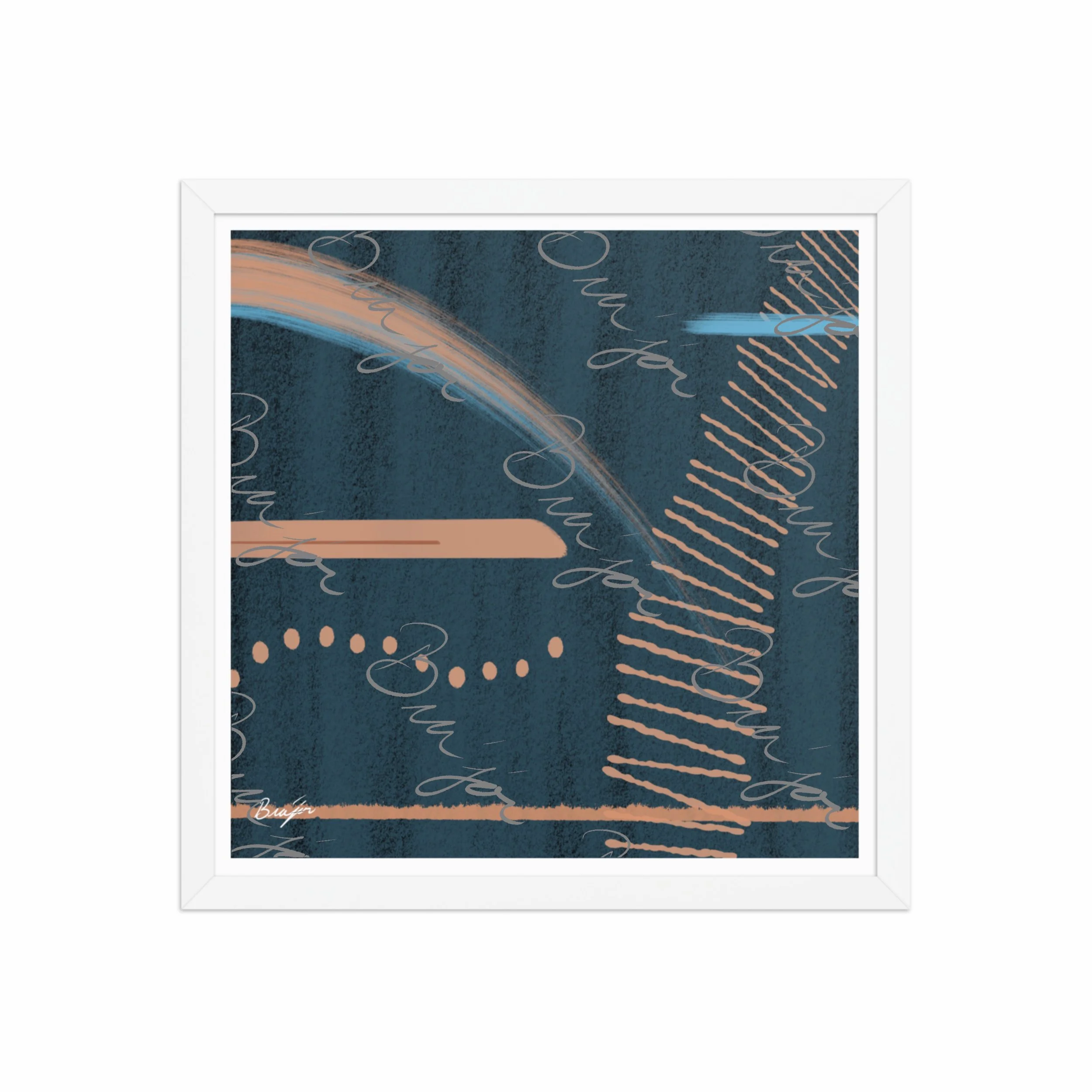 16x16 White Framed abstract artwork titled Effort designed by the digital abstract artist Bra'jor. Artwork includes the colors Black, Blue, Brown, and Tan