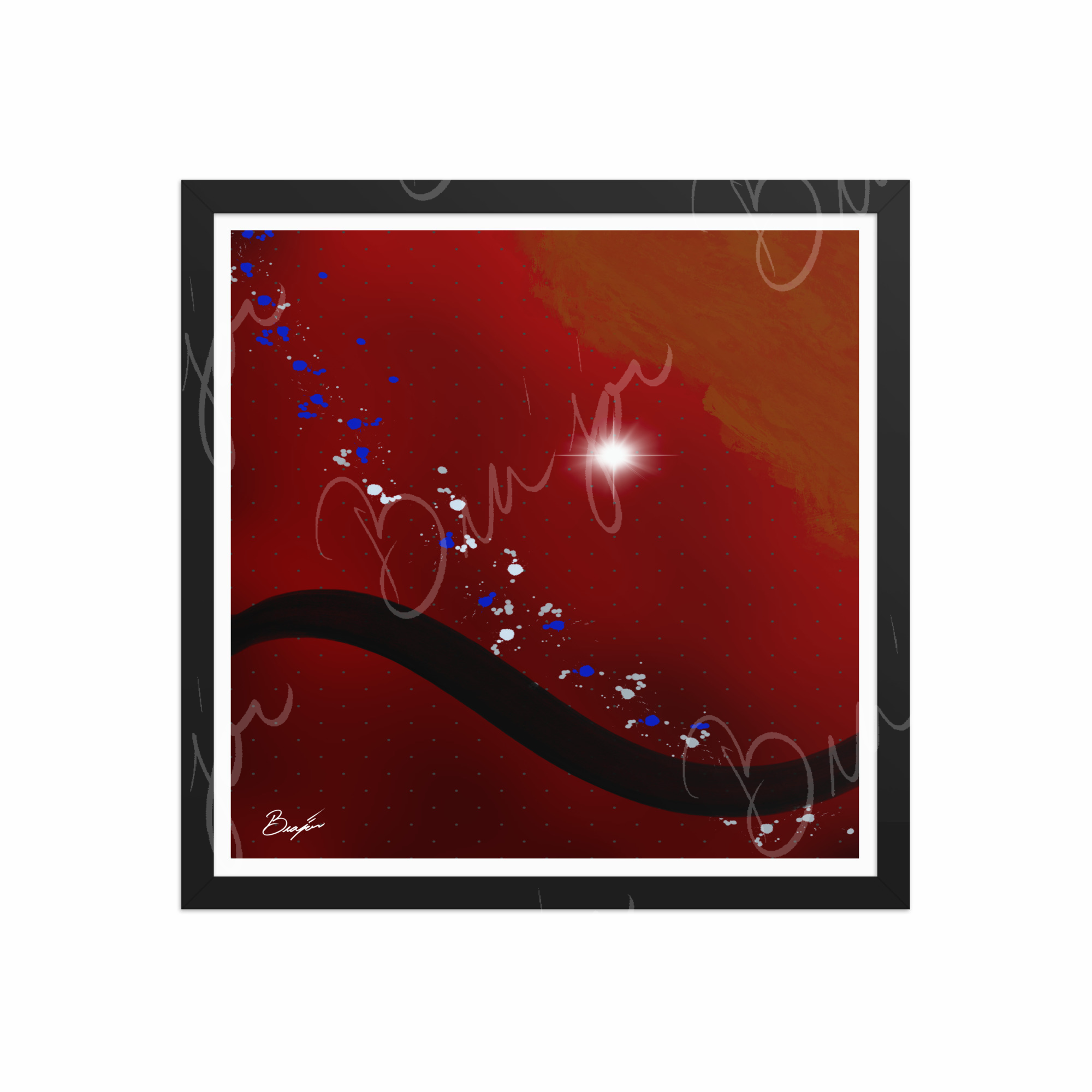 16x16 Black Framed Abstract artwork titled Take Your Place designed by the digital abstract artist Bra'jor. Artwork includes the colors Red, Yellow, Orange, Black, Gray, and White
