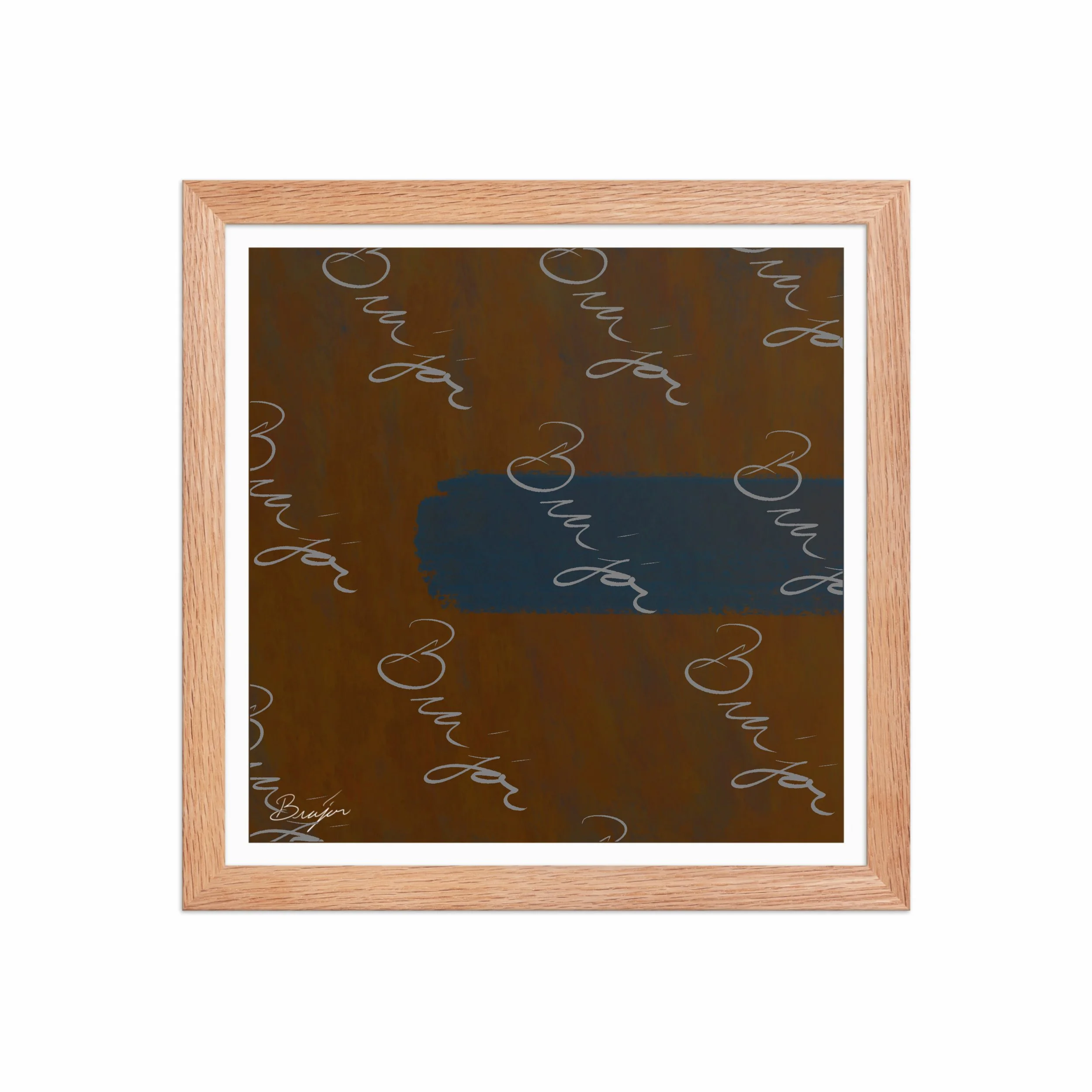 12x12 Red Oak Framed Abstract artwork titled Distraction designed by the digital abstract artist Bra'jor. Artwork includes the colors Brown, Blue, and Orange